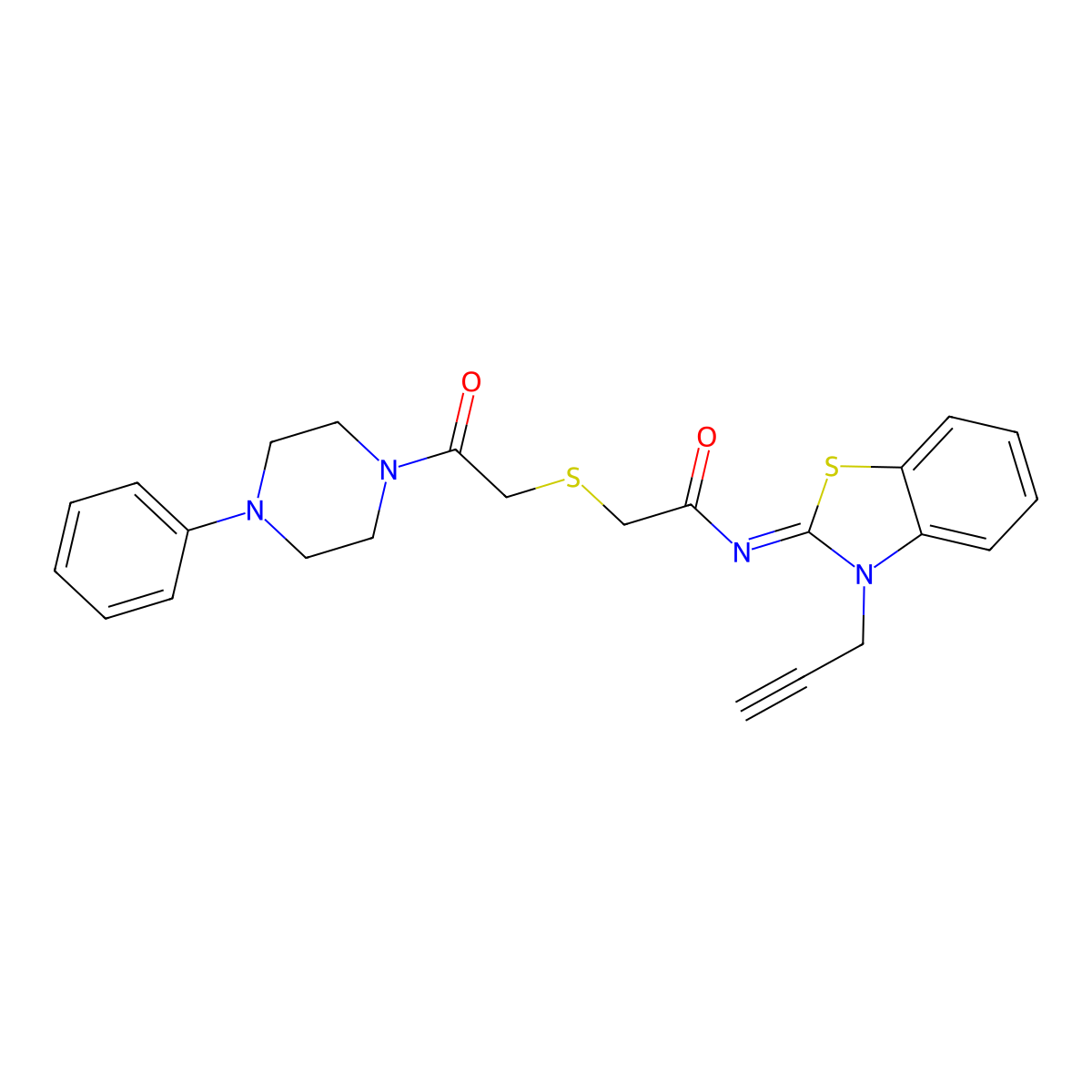 2-[2-oxo-2-(4-phenylpiperazin-1-yl)ethyl]sulfanyl-N-(3-prop-2-ynyl-1,3-benzothiazol-2-ylidene)acetamide molecular structure, CAS 851717-39-0