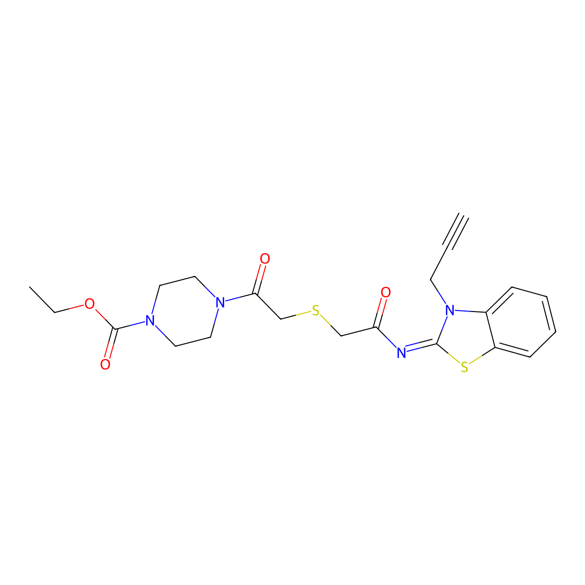 Ethyl 4-[2-[2-oxo-2-[(3-prop-2-ynyl-1,3-benzothiazol-2-ylidene)amino]ethyl]sulfanylacetyl]piperazine-1-carboxylate molecular structure, CAS 851717-40-3