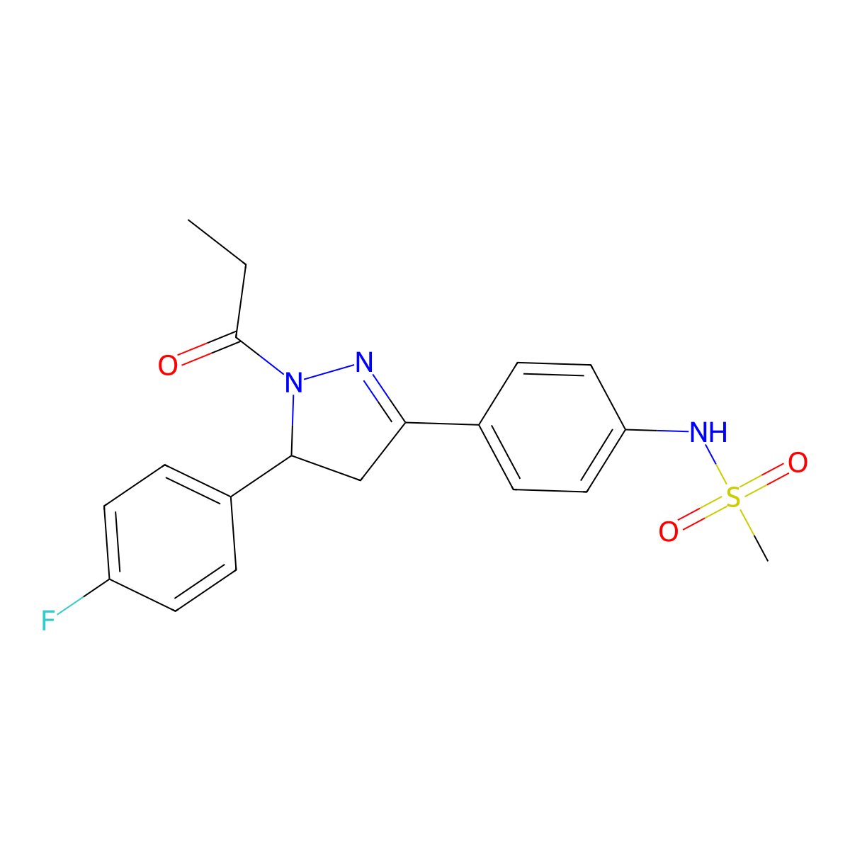 N-(4-(5-(4-fluorophenyl)-1-propionyl-4,5-dihydro-1H-pyrazol-3-yl)phenyl)methanesulfonamide molecular structure, CAS 851717-62-9