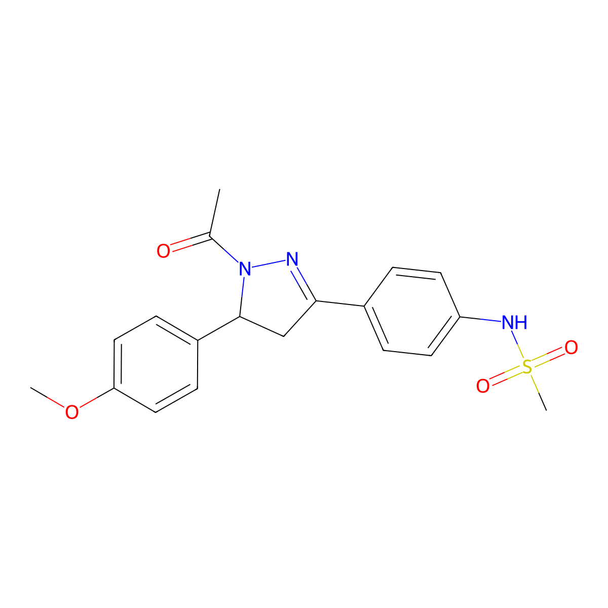 N-[4-[2-acetyl-3-(4-methoxyphenyl)-3,4-dihydropyrazol-5-yl]phenyl]methanesulfonamide molecular structure, CAS 851717-67-4