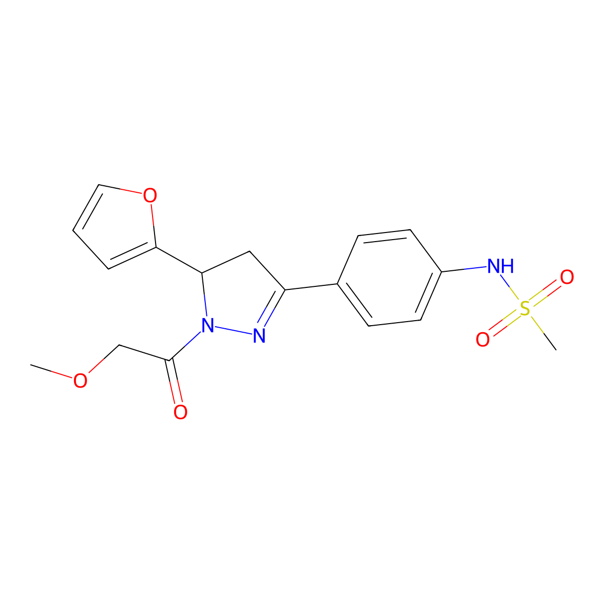N-[4-[3-(furan-2-yl)-2-(2-methoxyacetyl)-3,4-dihydropyrazol-5-yl]phenyl]methanesulfonamide molecular structure, CAS 851717-86-7