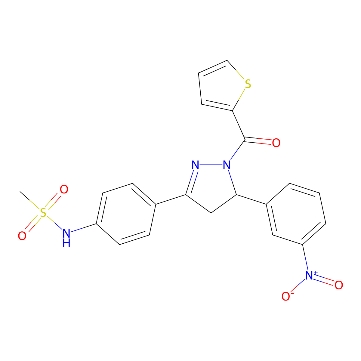 N-{4-[5-(3-nitrophenyl)-1-(thiophene-2-carbonyl)-4,5-dihydro-1H-pyrazol-3-yl]phenyl}methanesulfonamide molecular structure, CAS 851717-90-3