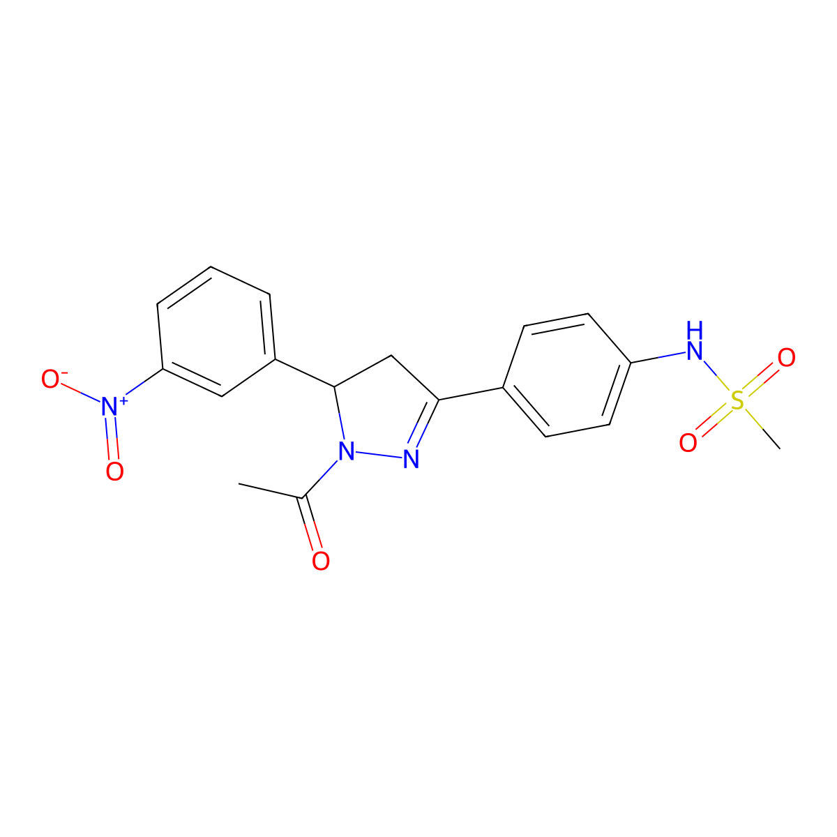 N-(4-(1-acetyl-5-(3-nitrophenyl)-4,5-dihydro-1H-pyrazol-3-yl)phenyl)methanesulfonamide molecular structure, CAS 851717-91-4