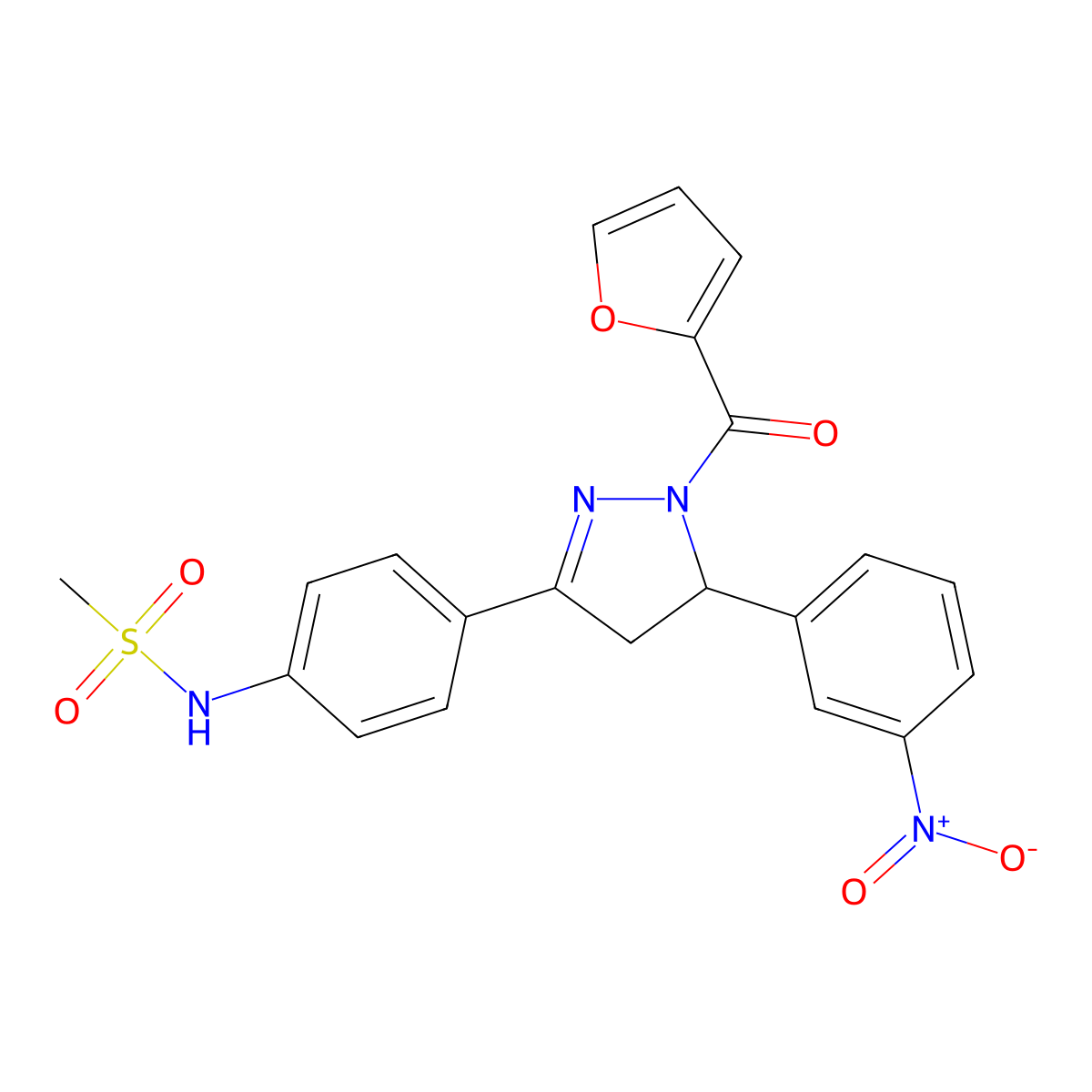 N-(4-(1-(furan-2-carbonyl)-5-(3-nitrophenyl)-4,5-dihydro-1H-pyrazol-3-yl)phenyl)methanesulfonamide molecular structure, CAS 851717-92-5