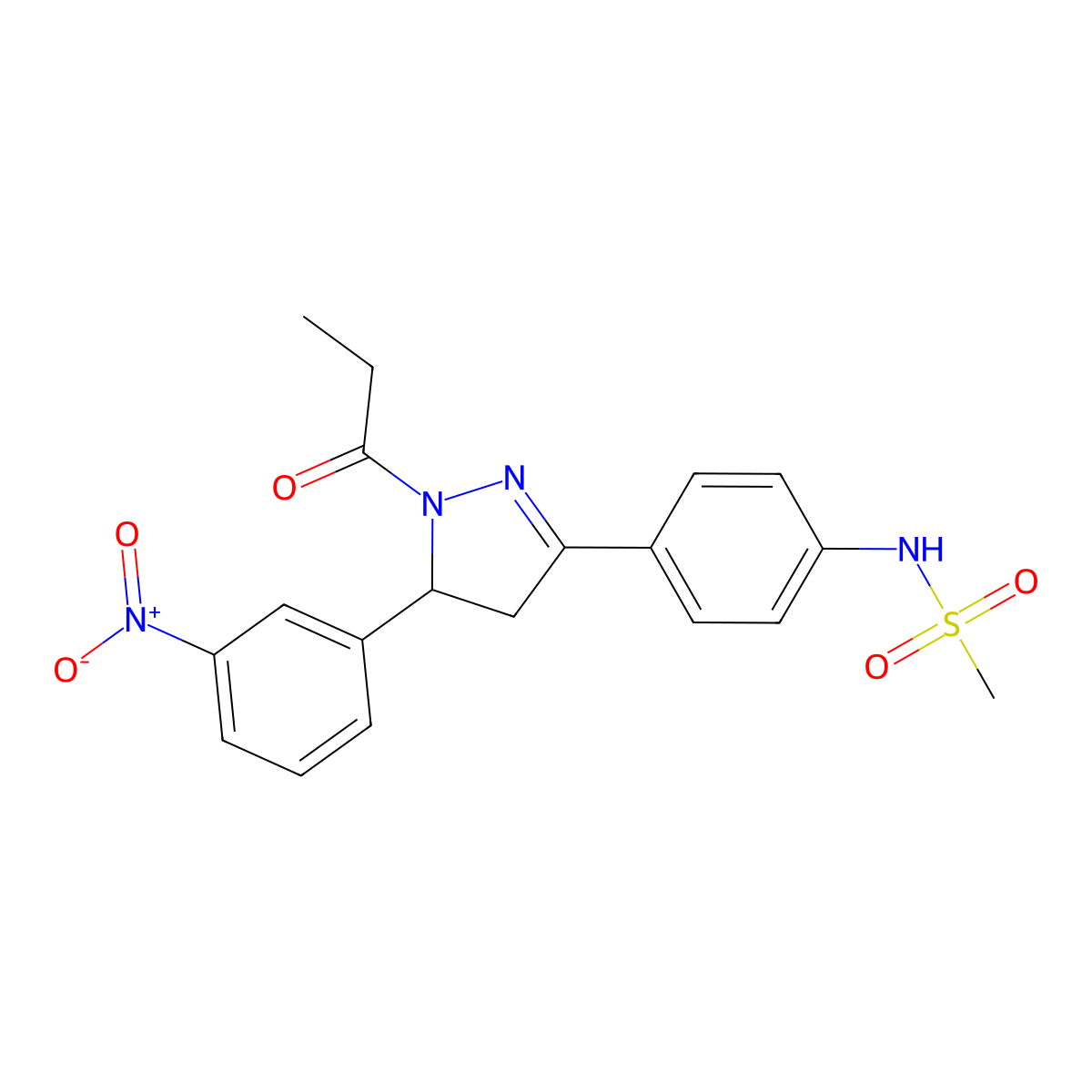 N-{4-[5-(3-nitrophenyl)-1-propanoyl-4,5-dihydro-1H-pyrazol-3-yl]phenyl}methanesulfonamide molecular structure, CAS 851717-93-6