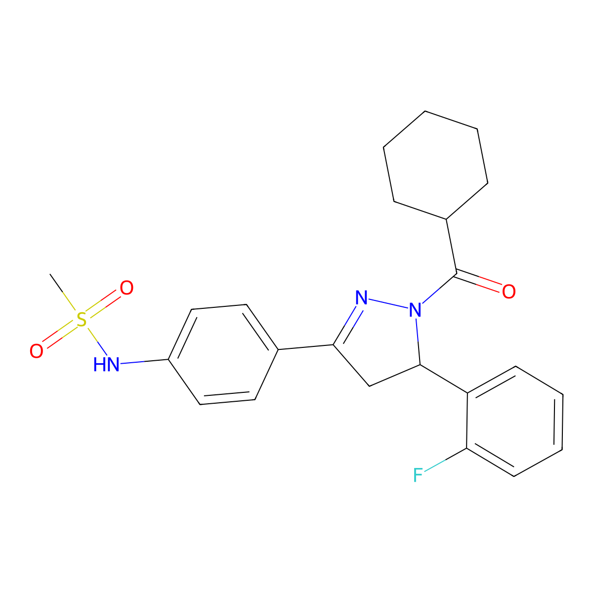 N-[4-[2-(cyclohexanecarbonyl)-3-(2-fluorophenyl)-3,4-dihydropyrazol-5-yl]phenyl]methanesulfonamide molecular structure, CAS 851717-97-0