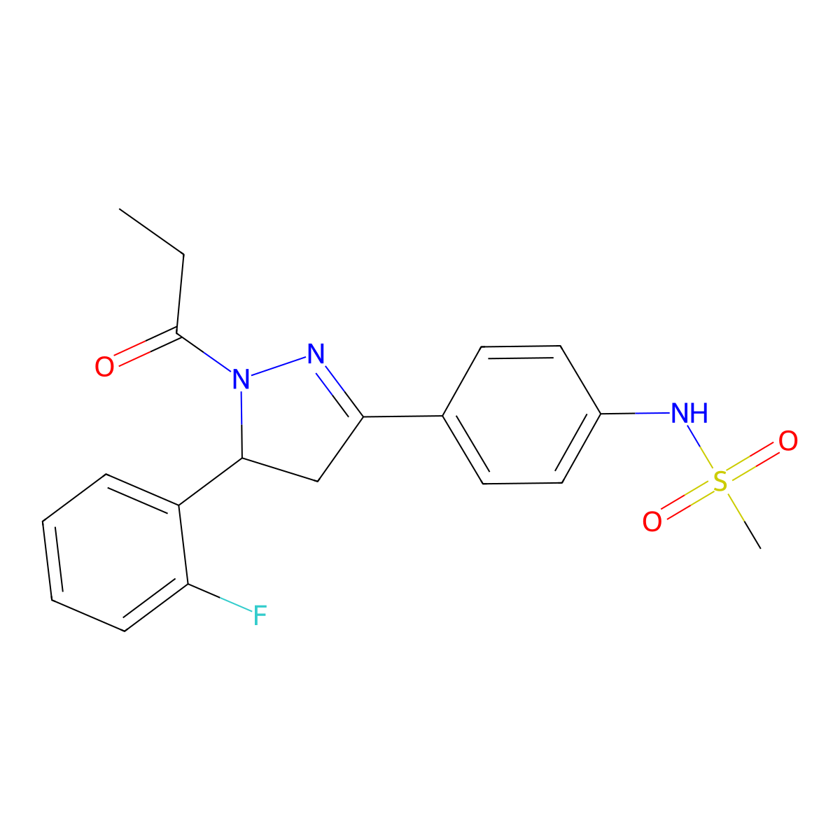 N-(4-(5-(2-fluorophenyl)-1-propionyl-4,5-dihydro-1H-pyrazol-3-yl)phenyl)methanesulfonamide molecular structure, CAS 851717-98-1