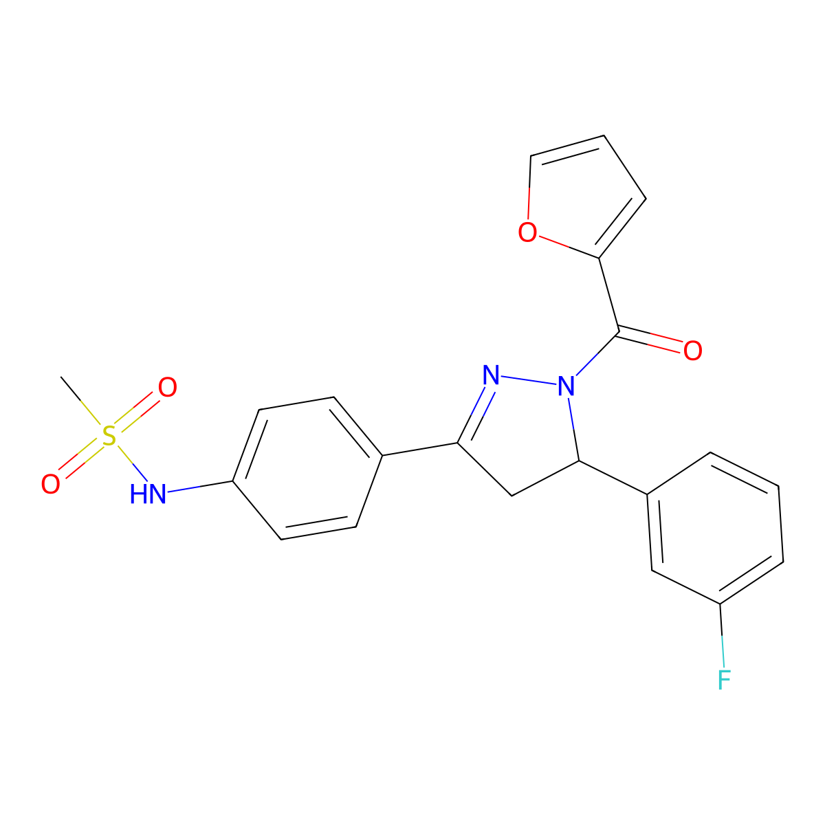 N-[4-[3-(3-fluorophenyl)-2-(furan-2-carbonyl)-3,4-dihydropyrazol-5-yl]phenyl]methanesulfonamide molecular structure, CAS 851718-05-3