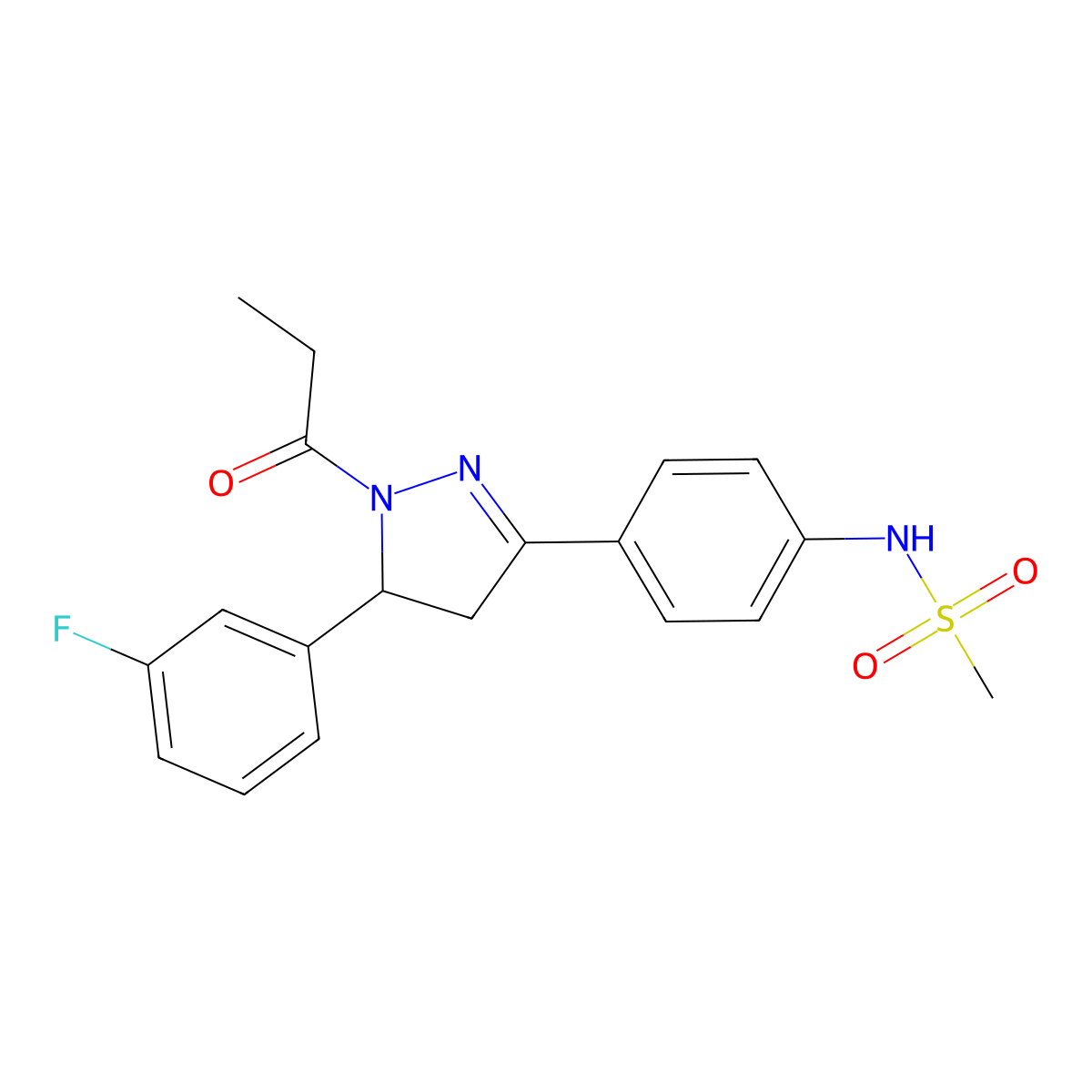 N-(4-(5-(3-fluorophenyl)-1-propionyl-4,5-dihydro-1H-pyrazol-3-yl)phenyl)methanesulfonamide molecular structure, CAS 851718-07-5