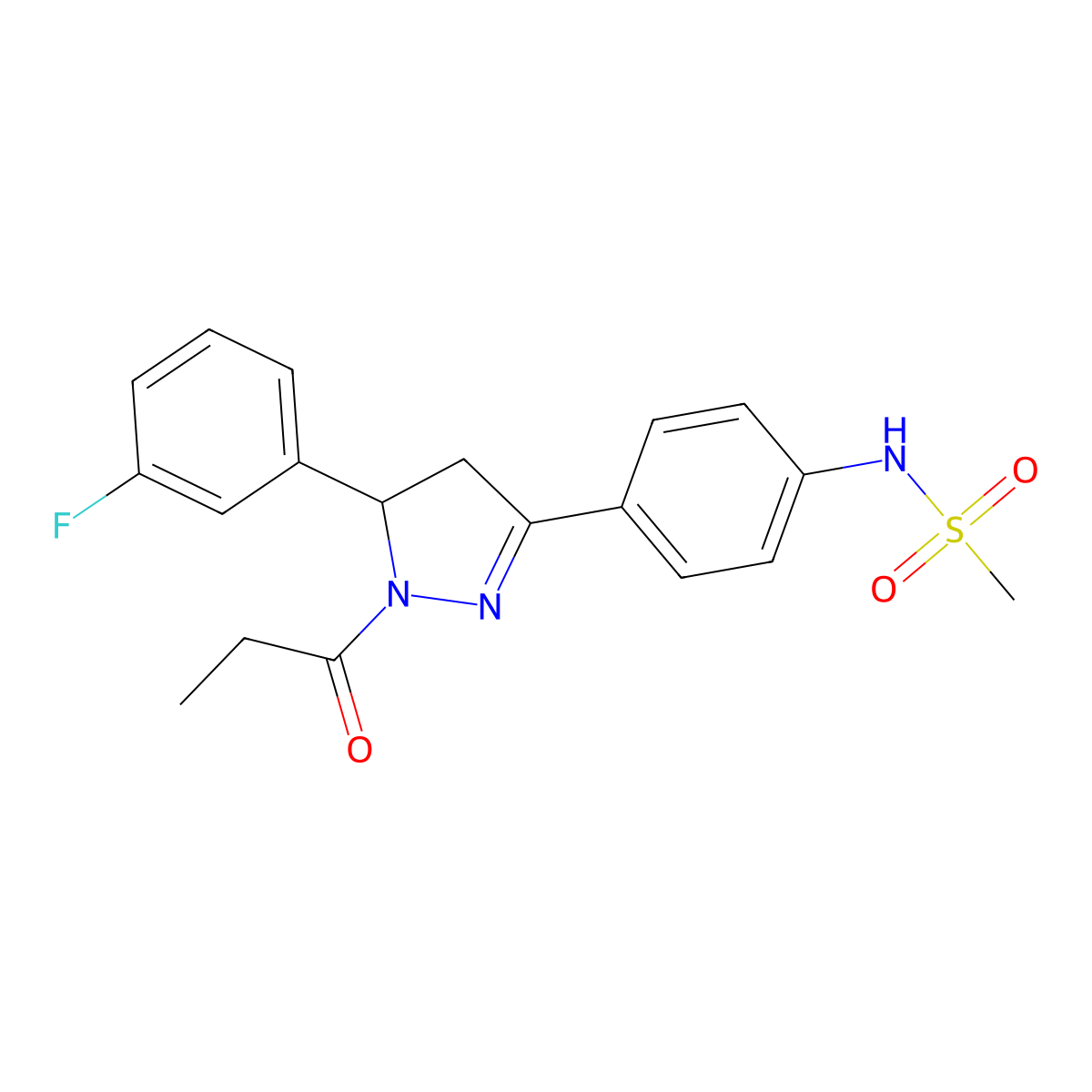 N-(4-(5-(3-fluorophenyl)-1-propionyl-4,5-dihydro-1H-pyrazol-3-yl)phenyl)methanesulfonamide molecular structure, CAS 851718-07-5