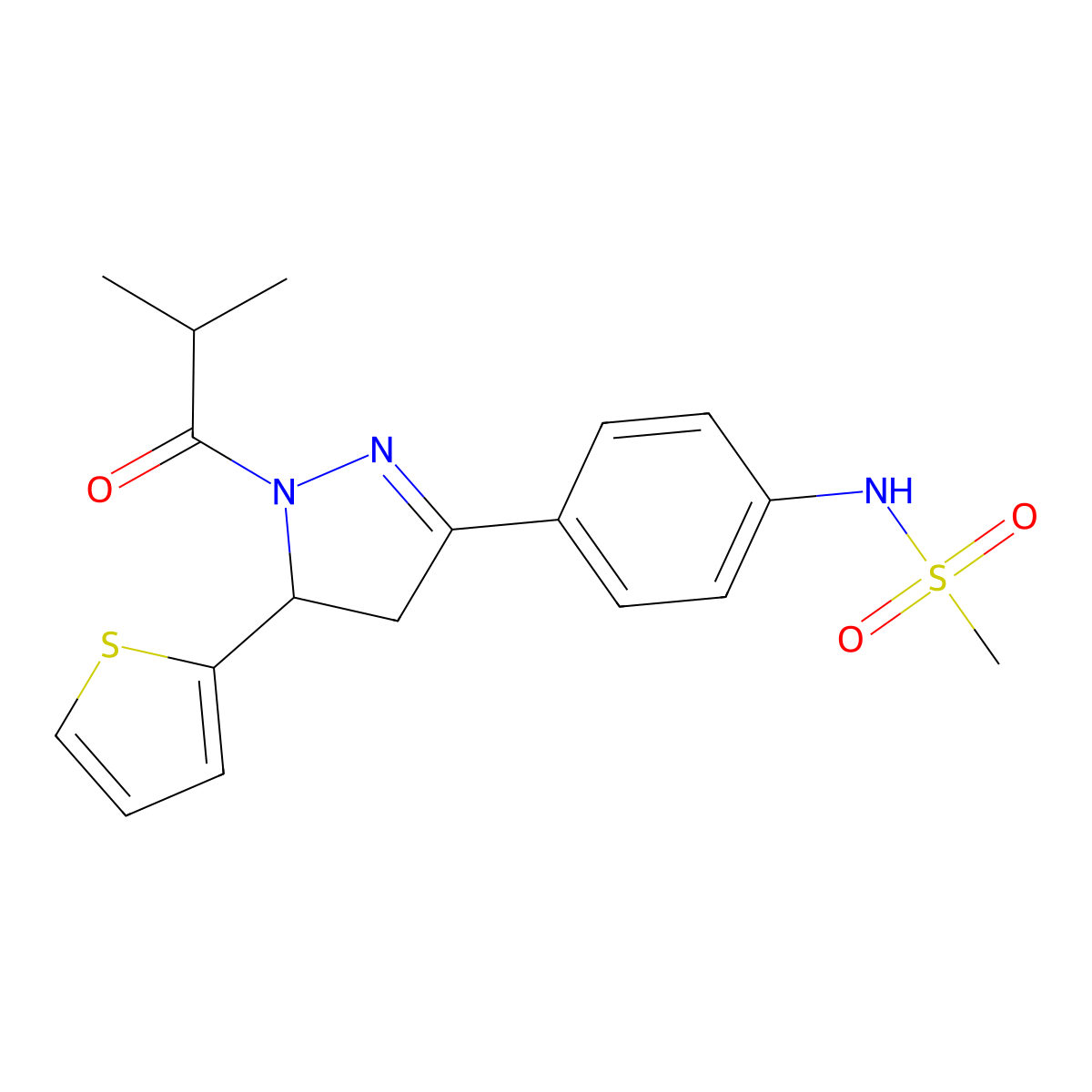 N-{4-[1-(2-methylpropanoyl)-5-(thiophen-2-yl)-4,5-dihydro-1H-pyrazol-3-yl]phenyl}methanesulfonamide molecular structure, CAS 851718-29-1