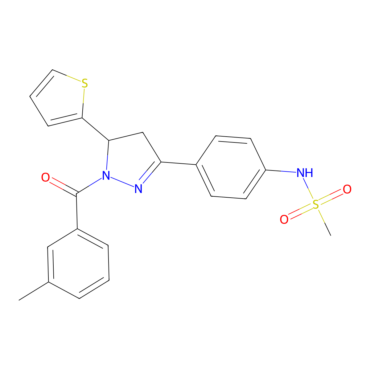 N-[4-[2-(3-methylbenzoyl)-3-thiophen-2-yl-3,4-dihydropyrazol-5-yl]phenyl]methanesulfonamide molecular structure, CAS 851718-32-6