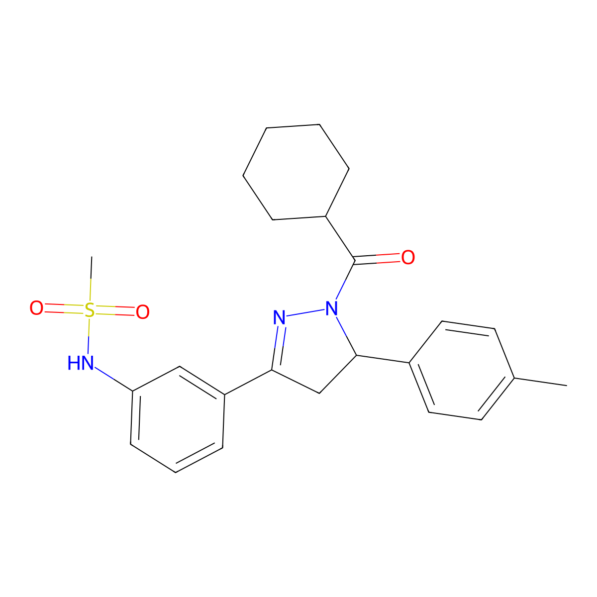 N-(3-(1-(cyclohexanecarbonyl)-5-(p-tolyl)-4,5-dihydro-1H-pyrazol-3-yl)phenyl)methanesulfonamide molecular structure, CAS 851718-54-2