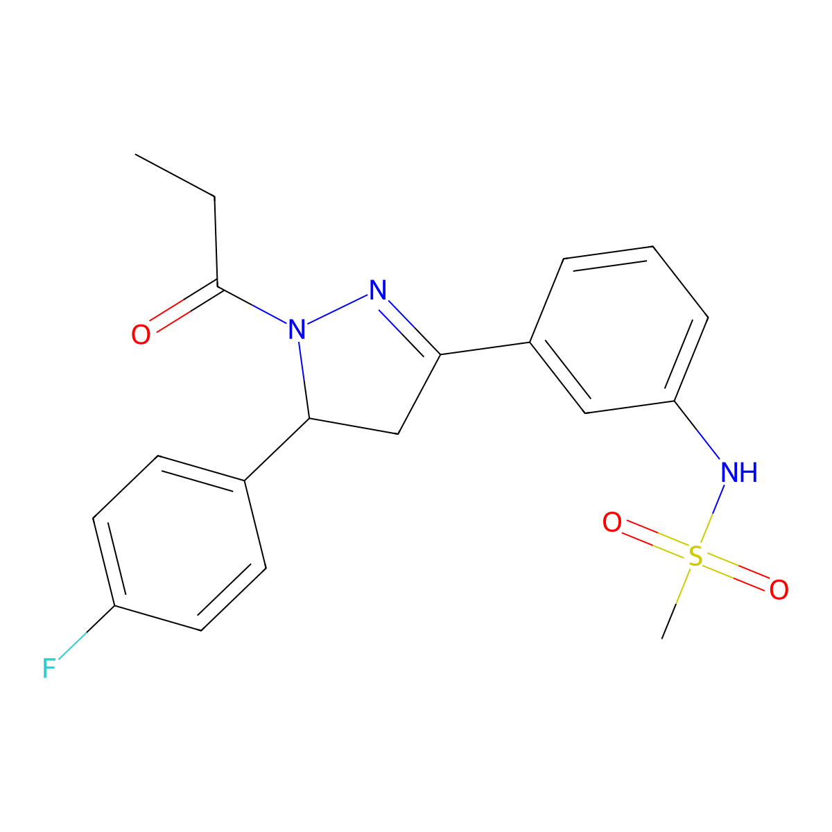 N-[3-[3-(4-fluorophenyl)-2-propanoyl-3,4-dihydropyrazol-5-yl]phenyl]methanesulfonamide molecular structure, CAS 851718-65-5