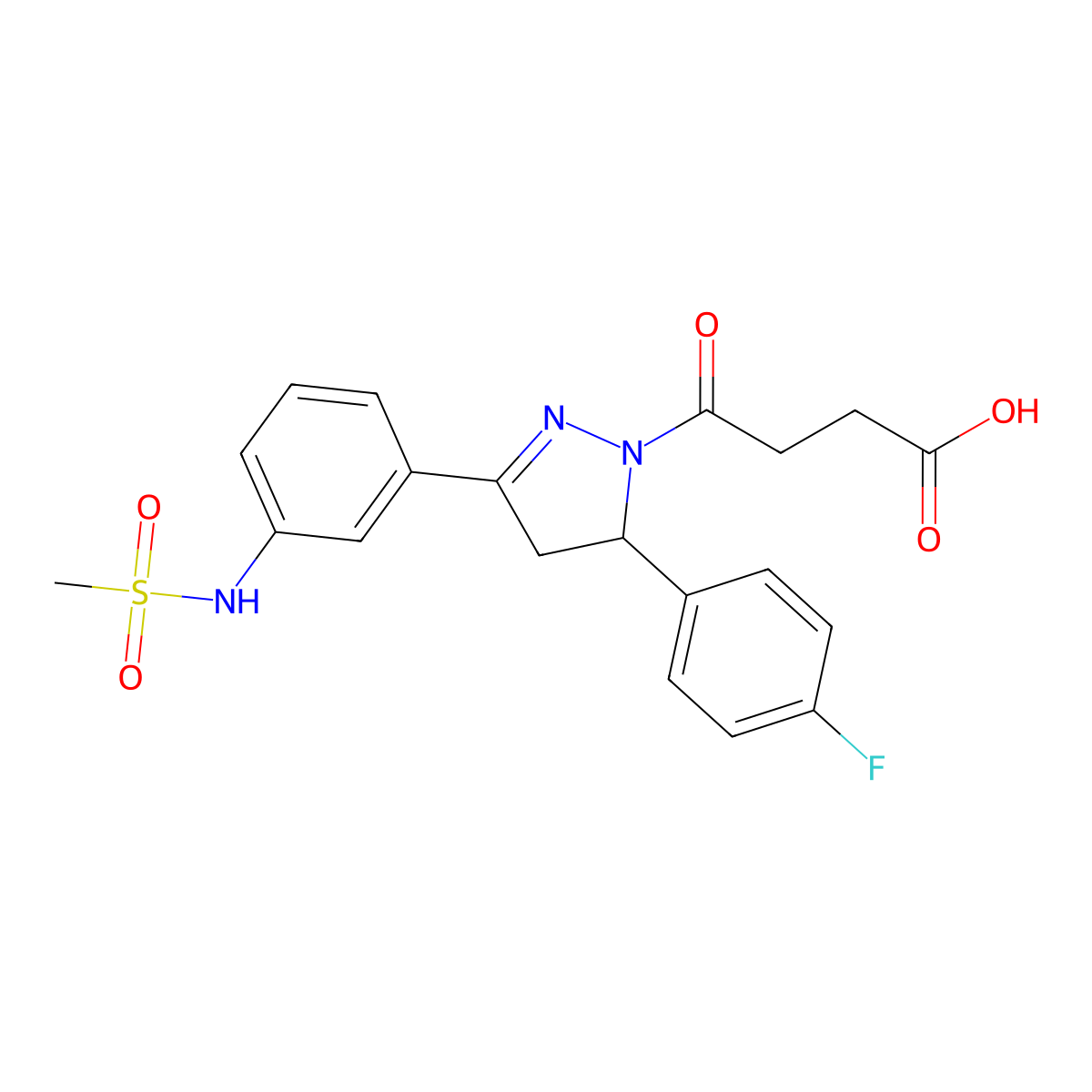 4-[3-(4-Fluorophenyl)-5-[3-(methanesulfonamido)phenyl]-3,4-dihydropyrazol-2-yl]-4-oxobutanoic acid molecular structure, CAS 851718-67-7
