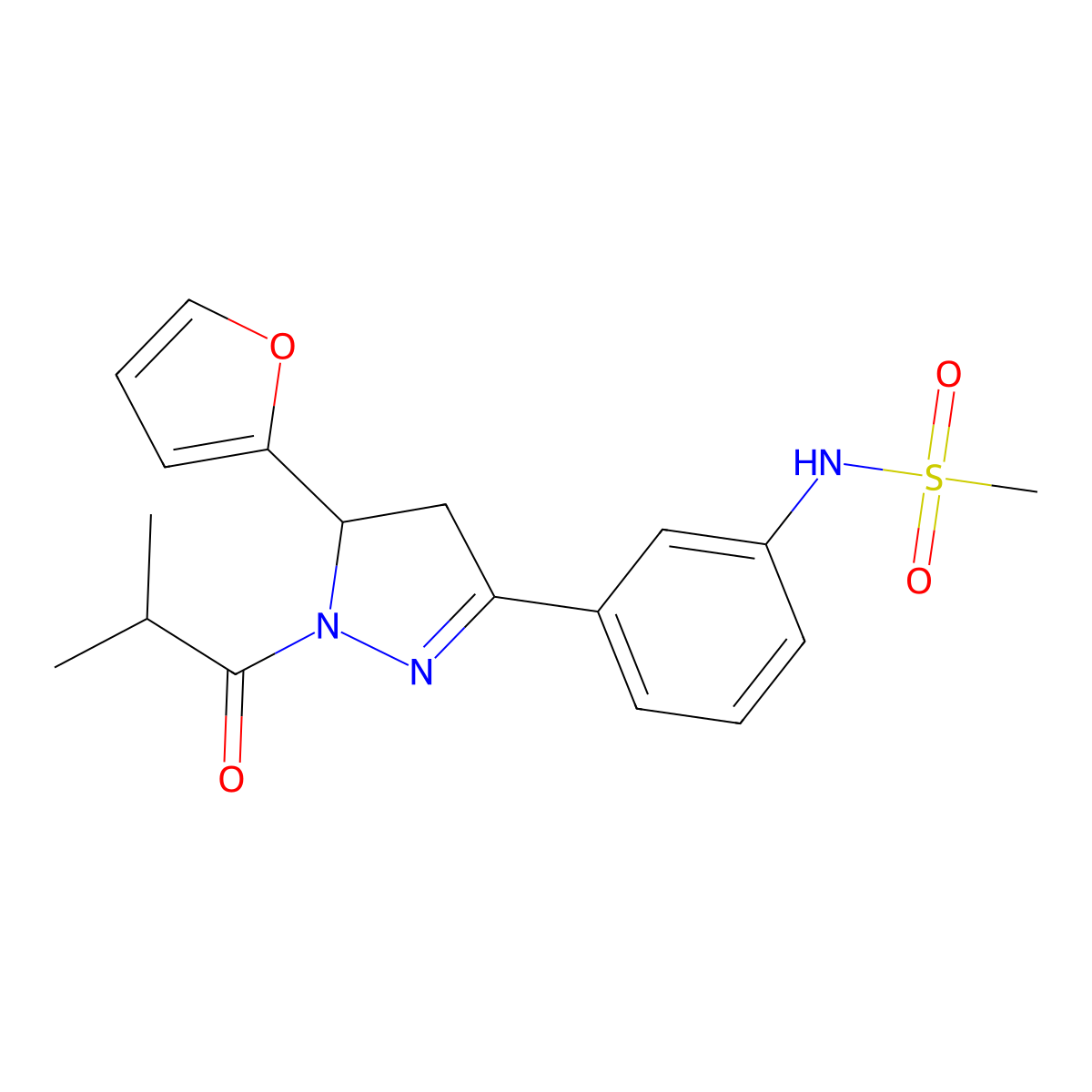 N-(3-(5-(furan-2-yl)-1-isobutyryl-4,5-dihydro-1H-pyrazol-3-yl)phenyl)methanesulfonamide molecular structure, CAS 851718-86-0