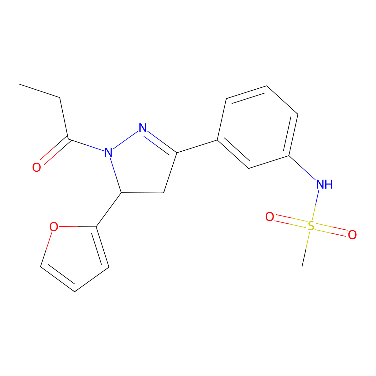 N-[3-[3-(furan-2-yl)-2-propanoyl-3,4-dihydropyrazol-5-yl]phenyl]methanesulfonamide molecular structure, CAS 851718-91-7