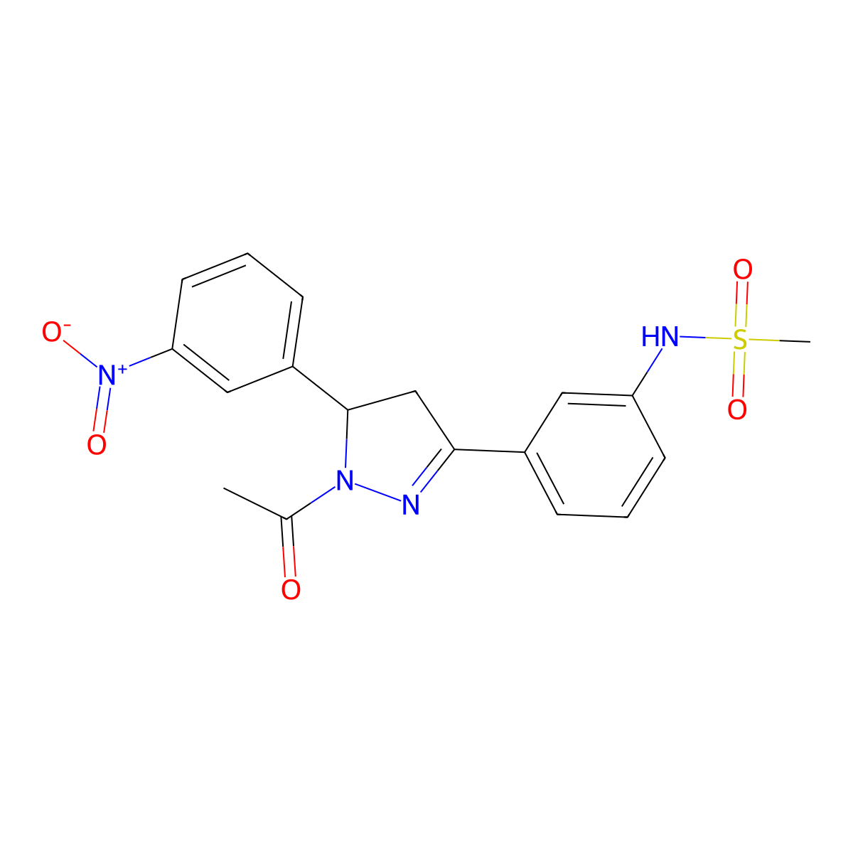 N-[3-[2-acetyl-3-(3-nitrophenyl)-3,4-dihydropyrazol-5-yl]phenyl]methanesulfonamide molecular structure, CAS 851719-02-3