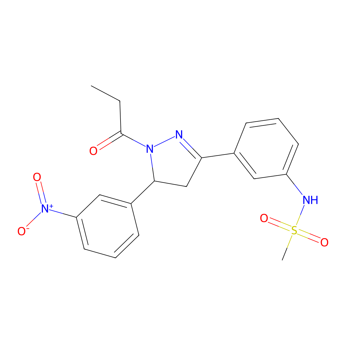 N-(3-(5-(3-nitrophenyl)-1-propionyl-4,5-dihydro-1H-pyrazol-3-yl)phenyl)methanesulfonamide molecular structure, CAS 851719-06-7