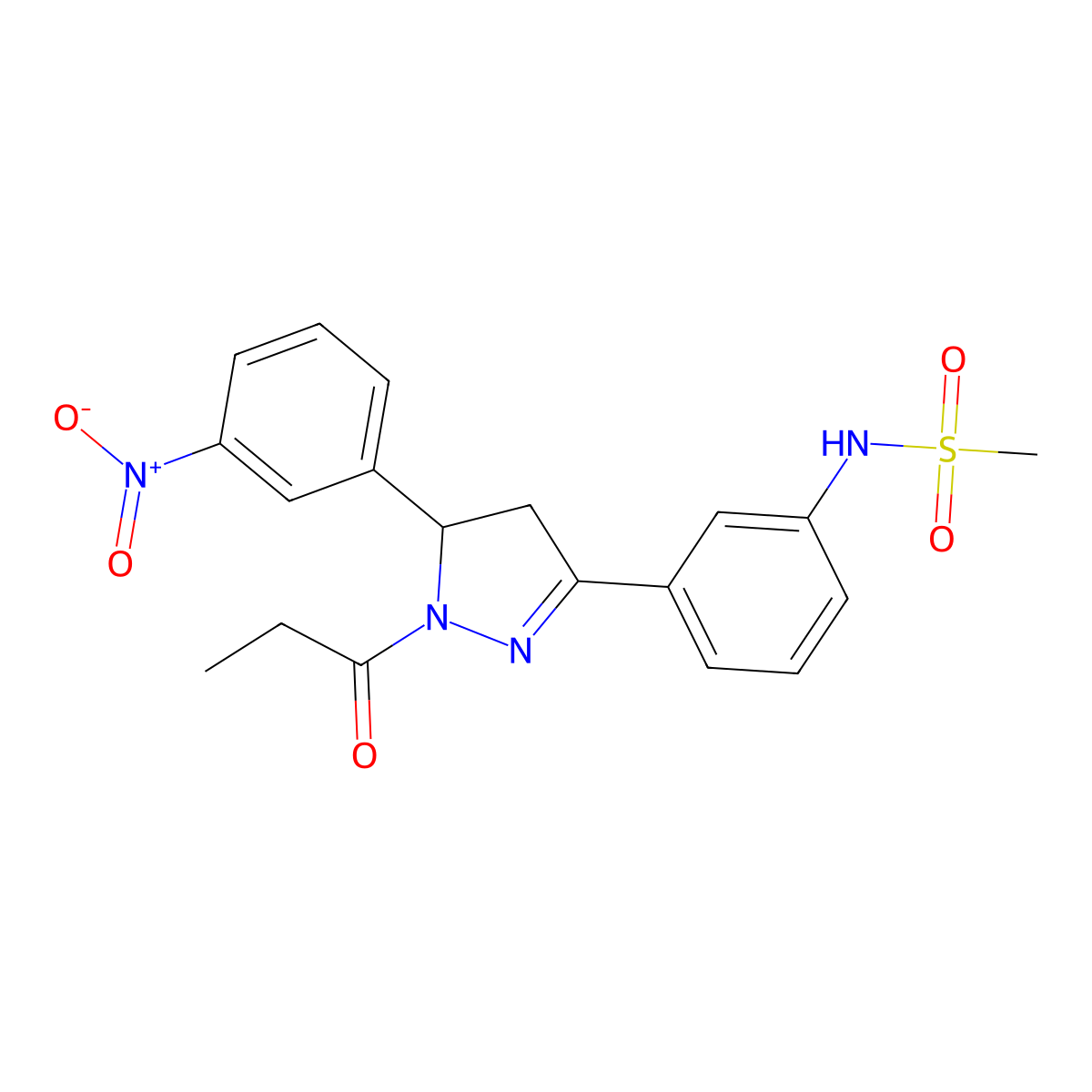 N-(3-(5-(3-nitrophenyl)-1-propionyl-4,5-dihydro-1H-pyrazol-3-yl)phenyl)methanesulfonamide molecular structure, CAS 851719-06-7