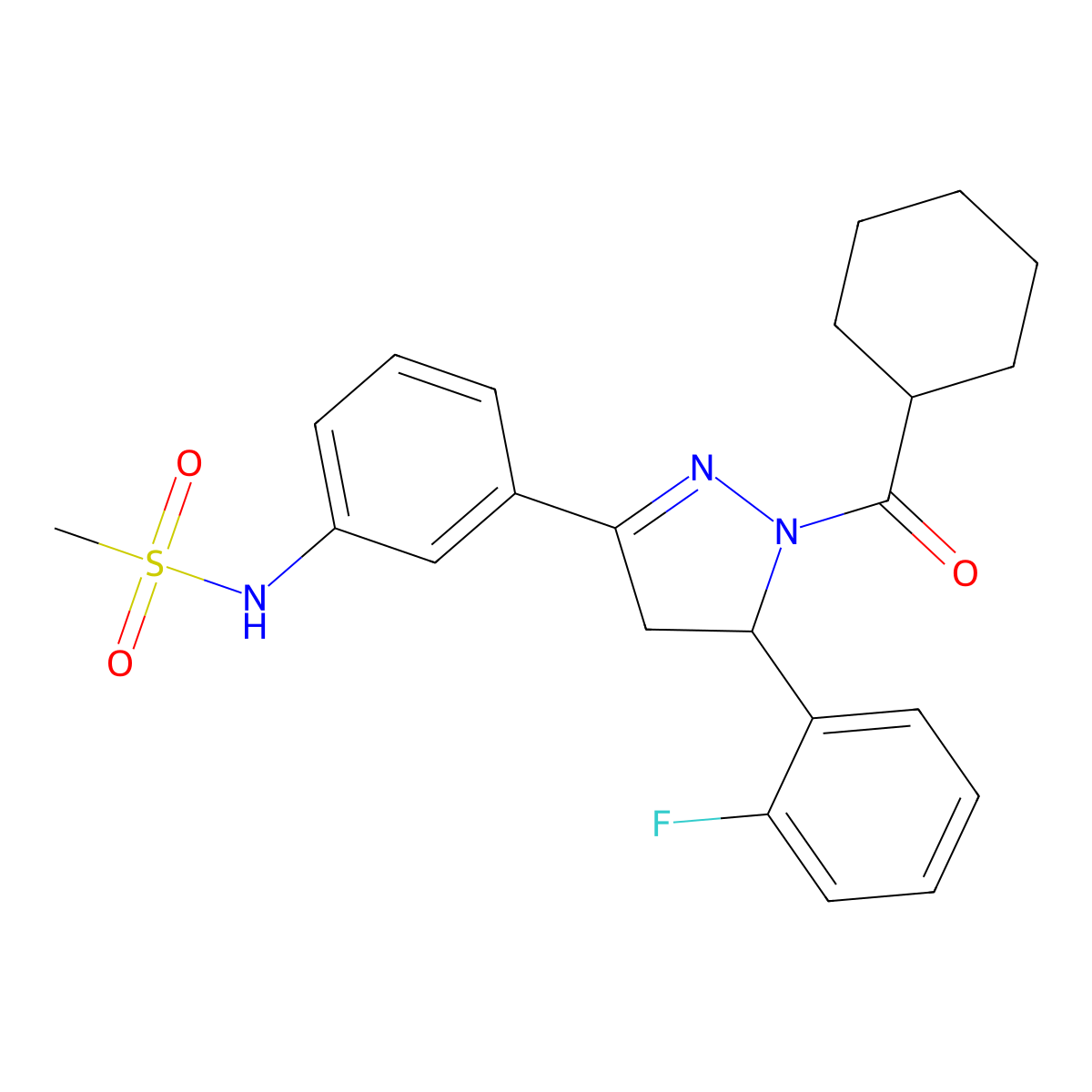 N-(3-(1-(cyclohexanecarbonyl)-5-(2-fluorophenyl)-4,5-dihydro-1H-pyrazol-3-yl)phenyl)methanesulfonamide molecular structure, CAS 851719-13-6