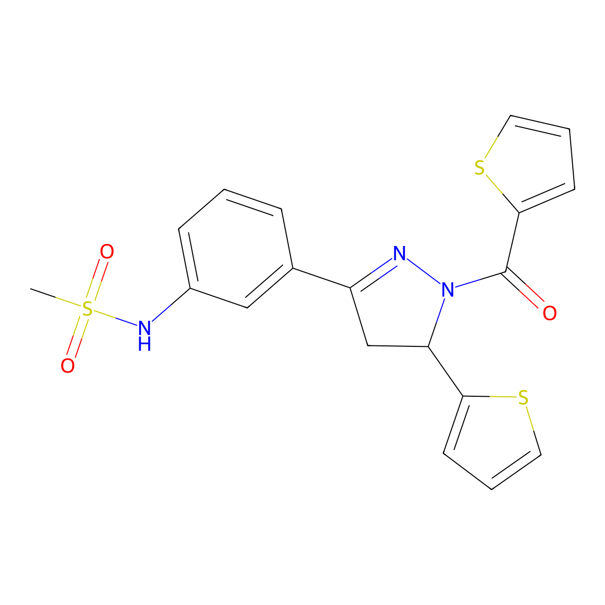 N-(3-(5-(thiophen-2-yl)-1-(thiophene-2-carbonyl)-4,5-dihydro-1H-pyrazol-3-yl)phenyl)methanesulfonamide molecular structure, CAS 851719-40-9