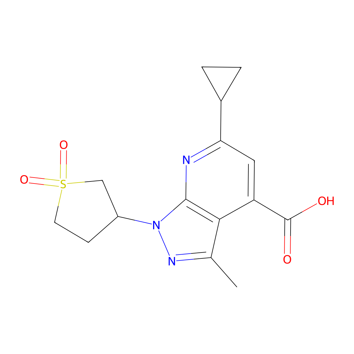 6-cyclopropyl-1-(1,1-dioxidotetrahydrothien-3-yl)-3-methyl-1H-pyrazolo[3,4-b]pyridine-4-carboxylic acid molecular structure, CAS 851721-88-5