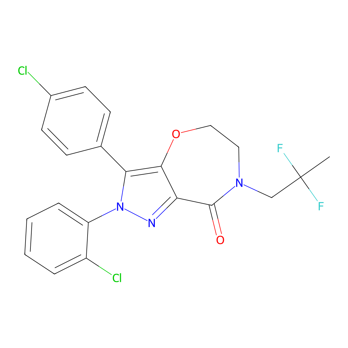 2-(2-Chlorophenyl)-3-(4-chlorophenyl)-7-(2,2-difluoropropyl)-6,7-dihydro-2H-pyrazolo(3,4-f)(1,4)oxazepin-8(5H)-one molecular structure, CAS 851728-60-4