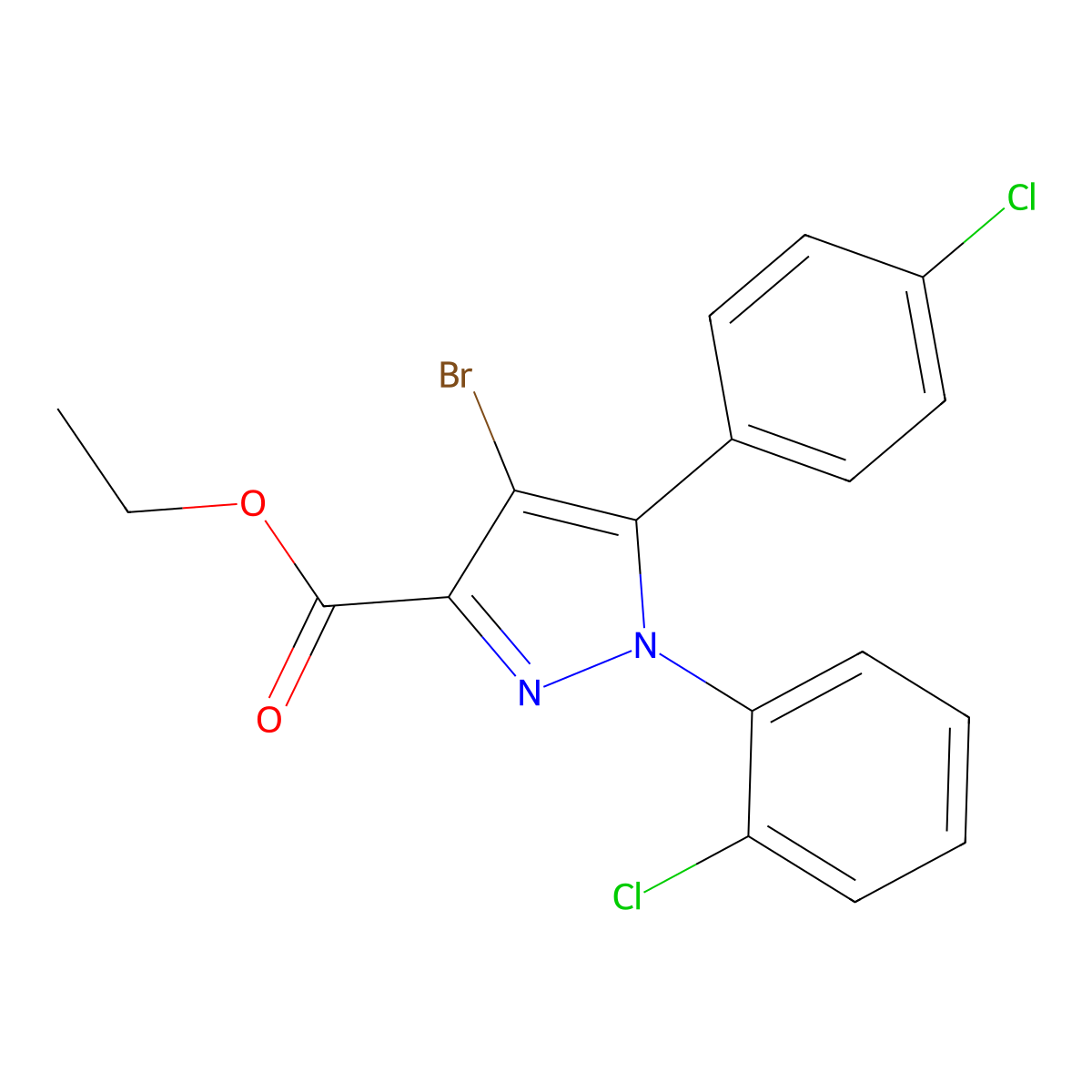 Ethyl 4-bromo-1-(2-chlorophenyl)-5-(4-chlorophenyl)-1H-pyrazole-3-carboxylate molecular structure, CAS 851728-84-2