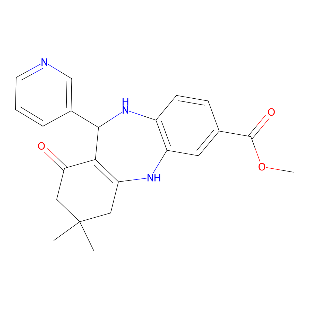 methyl 9,9-dimethyl-7-oxo-6-pyridin-3-yl-6,8,10,11-tetrahydro-5H-benzo[b][1,4]benzodiazepine-2-carboxylate molecular structure, CAS 851745-24-9