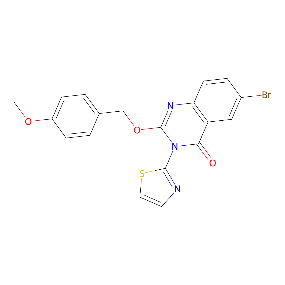 4(3H)-Quinazolinone, 6-bromo-2-((4-methoxyphenyl)methoxy)-3-(2-thiazolyl)- molecular structure, CAS 85178-73-0