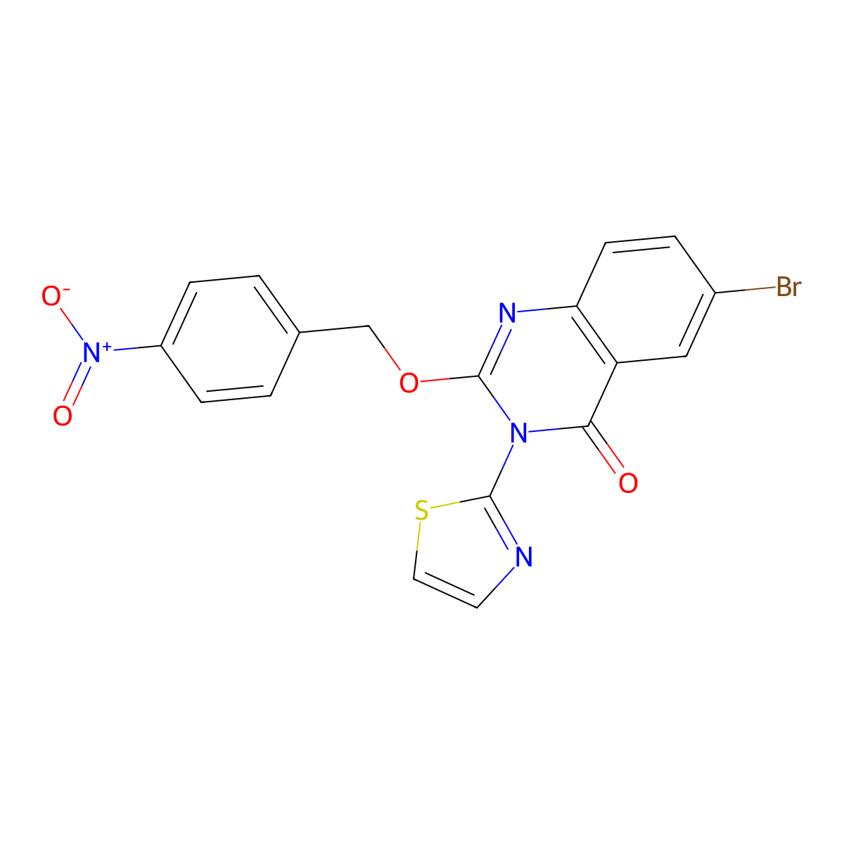 4(3H)-Quinazolinone, 6-bromo-2-((4-nitrophenyl)methoxy)-3-(2-thiazolyl)- molecular structure, CAS 85178-74-1