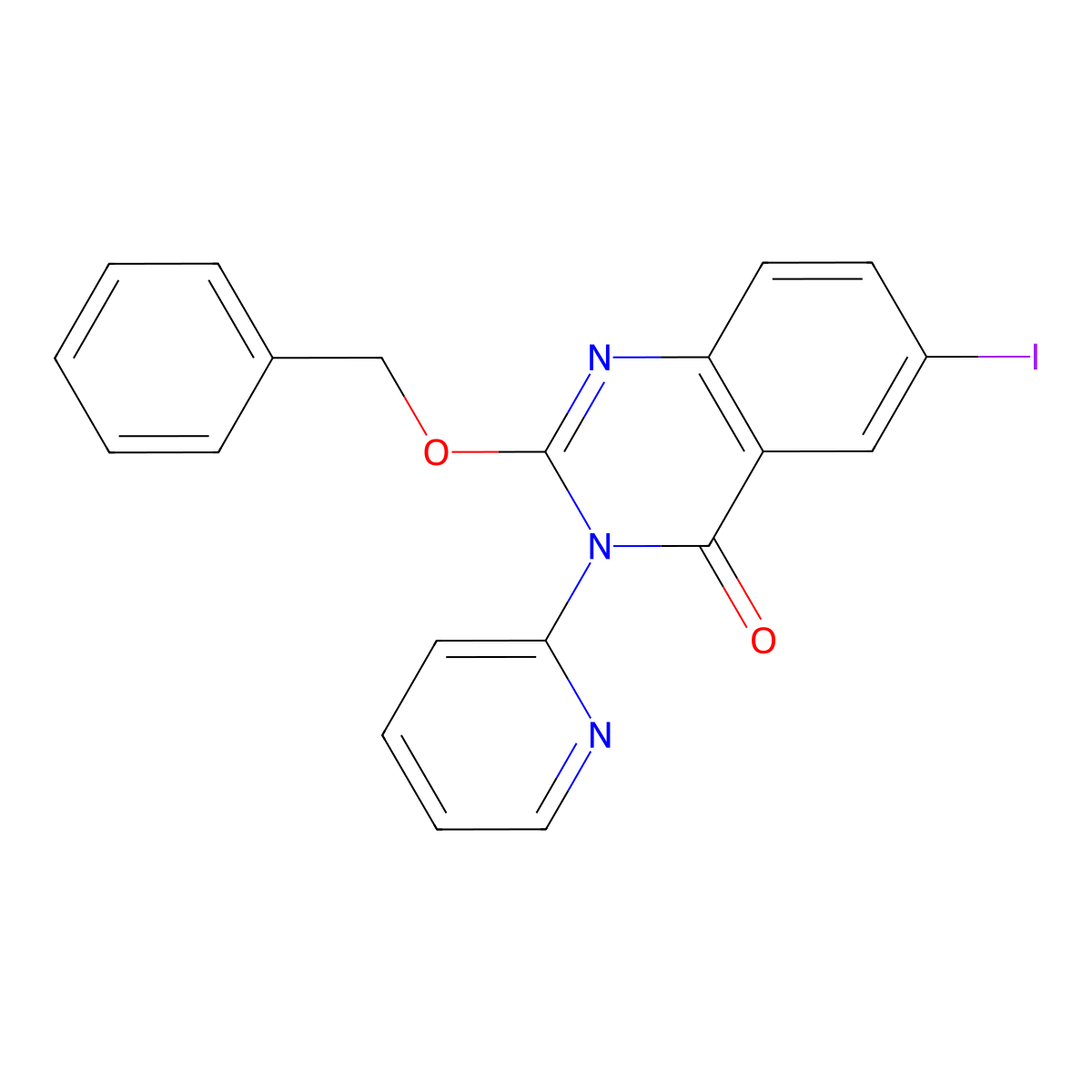4(3H)-Quinazolinone, 6-iodo-2-(phenylmethoxy)-3-(2-pyridinyl)- molecular structure, CAS 85178-76-3