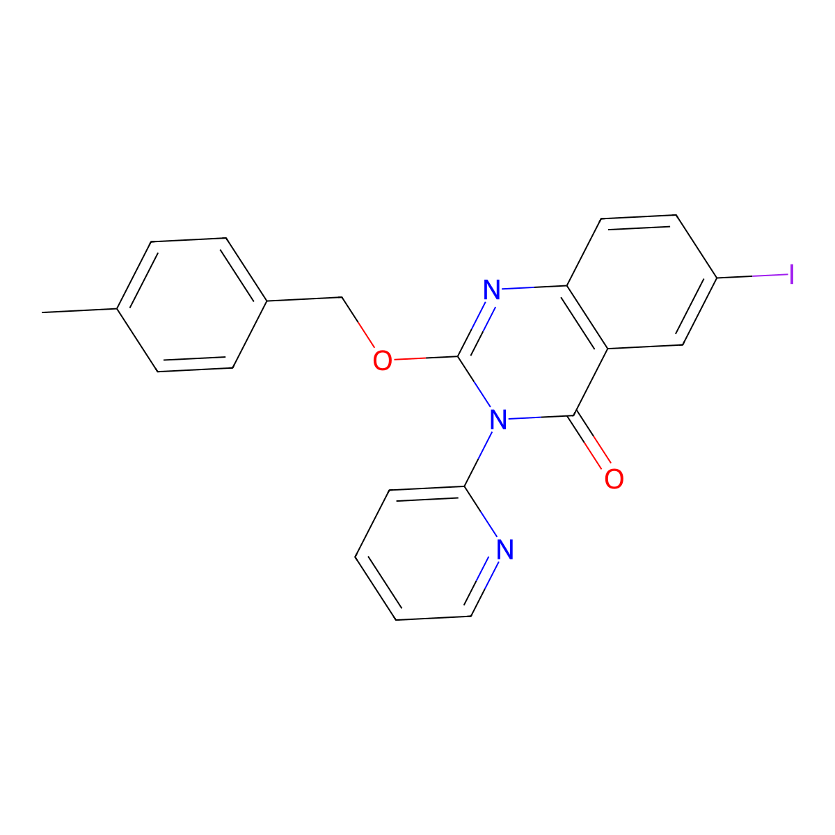 4(3H)-Quinazolinone, 6-iodo-2-((4-methylphenyl)methoxy)-3-(2-pyridinyl)- molecular structure, CAS 85178-77-4