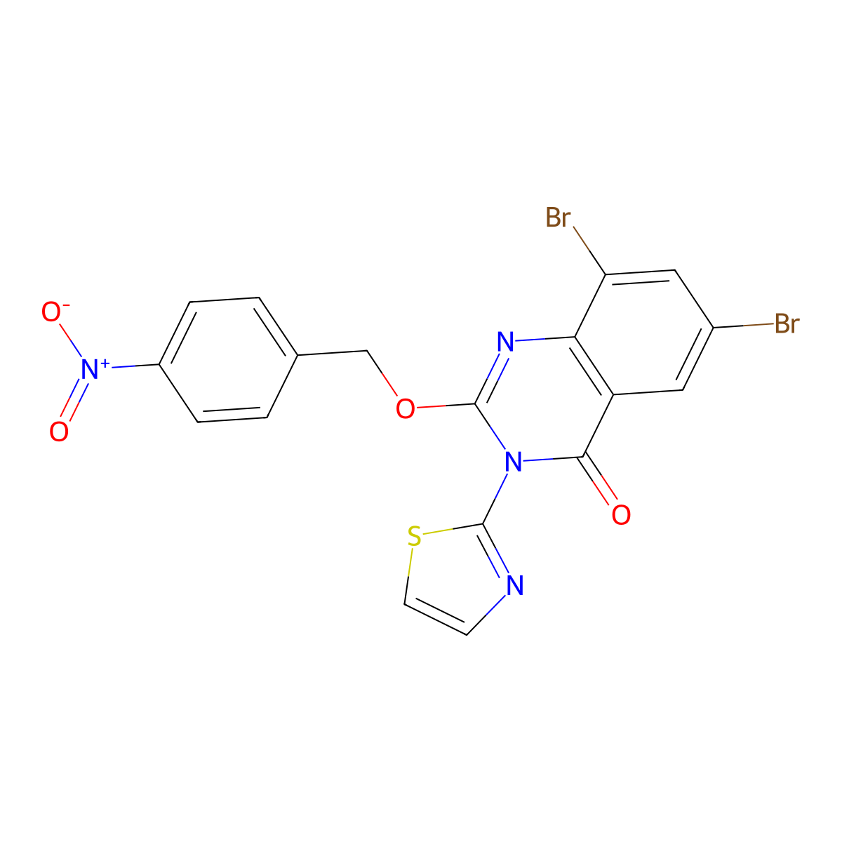 4(3H)-Quinazolinone, 6,8-dibromo-2-((4-nitrophenyl)methoxy)-3-(2-thiazolyl)- molecular structure, CAS 85178-78-5