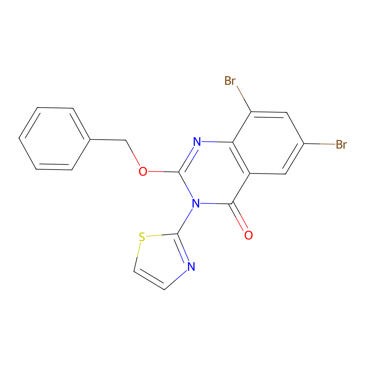 4(3H)-Quinazolinone, 6,8-dibromo-2-(phenylmethoxy)-3-(2-thiazolyl)- molecular structure, CAS 85178-79-6