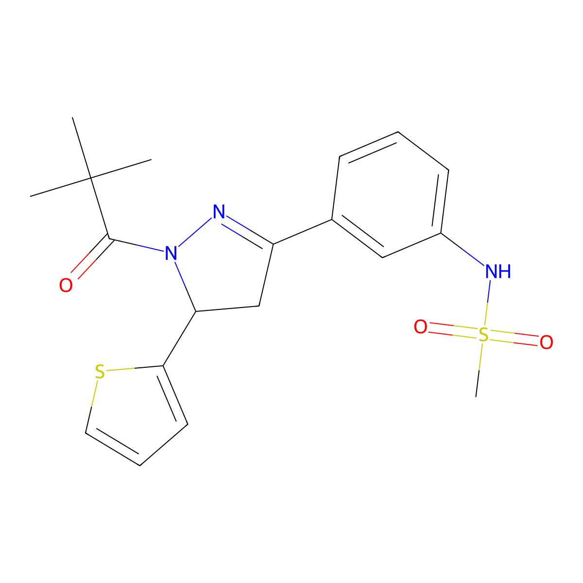 N-(3-(1-pivaloyl-5-(thiophen-2-yl)-4,5-dihydro-1H-pyrazol-3-yl)phenyl)methanesulfonamide molecular structure, CAS 851780-58-0