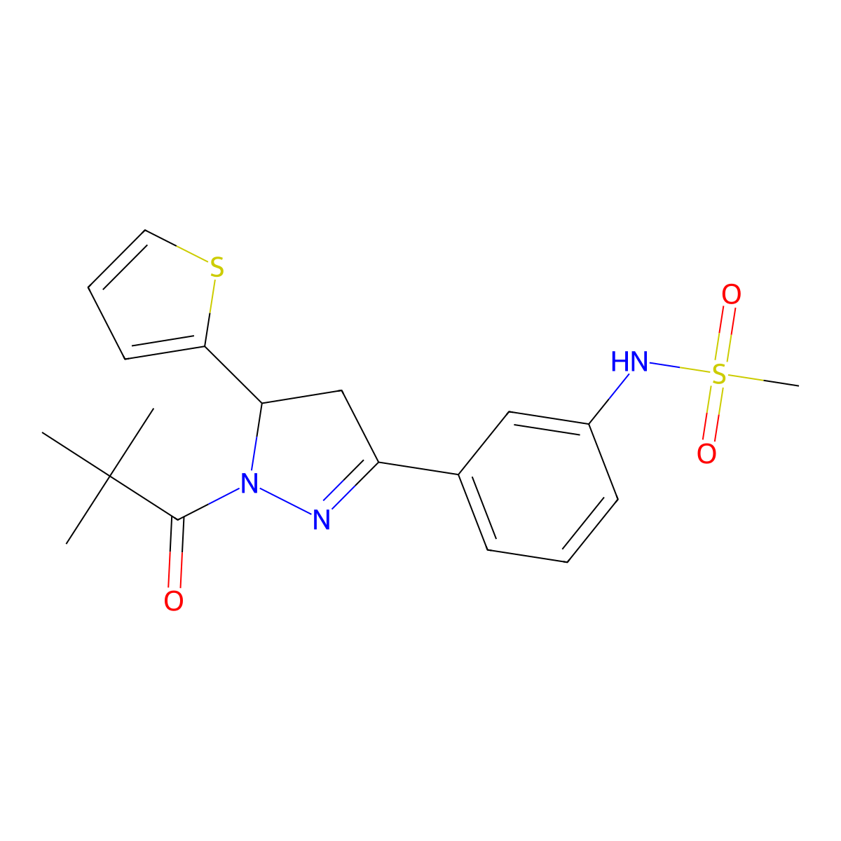 N-(3-(1-pivaloyl-5-(thiophen-2-yl)-4,5-dihydro-1H-pyrazol-3-yl)phenyl)methanesulfonamide molecular structure, CAS 851780-58-0