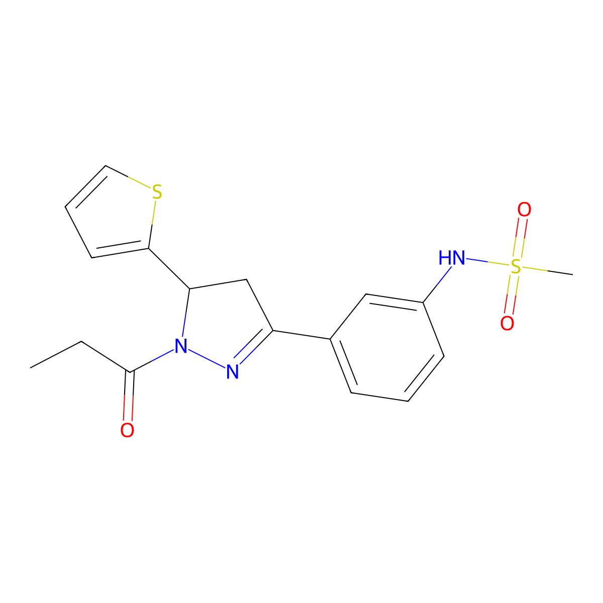 N-[3-(2-propanoyl-3-thiophen-2-yl-3,4-dihydropyrazol-5-yl)phenyl]methanesulfonamide molecular structure, CAS 851780-59-1