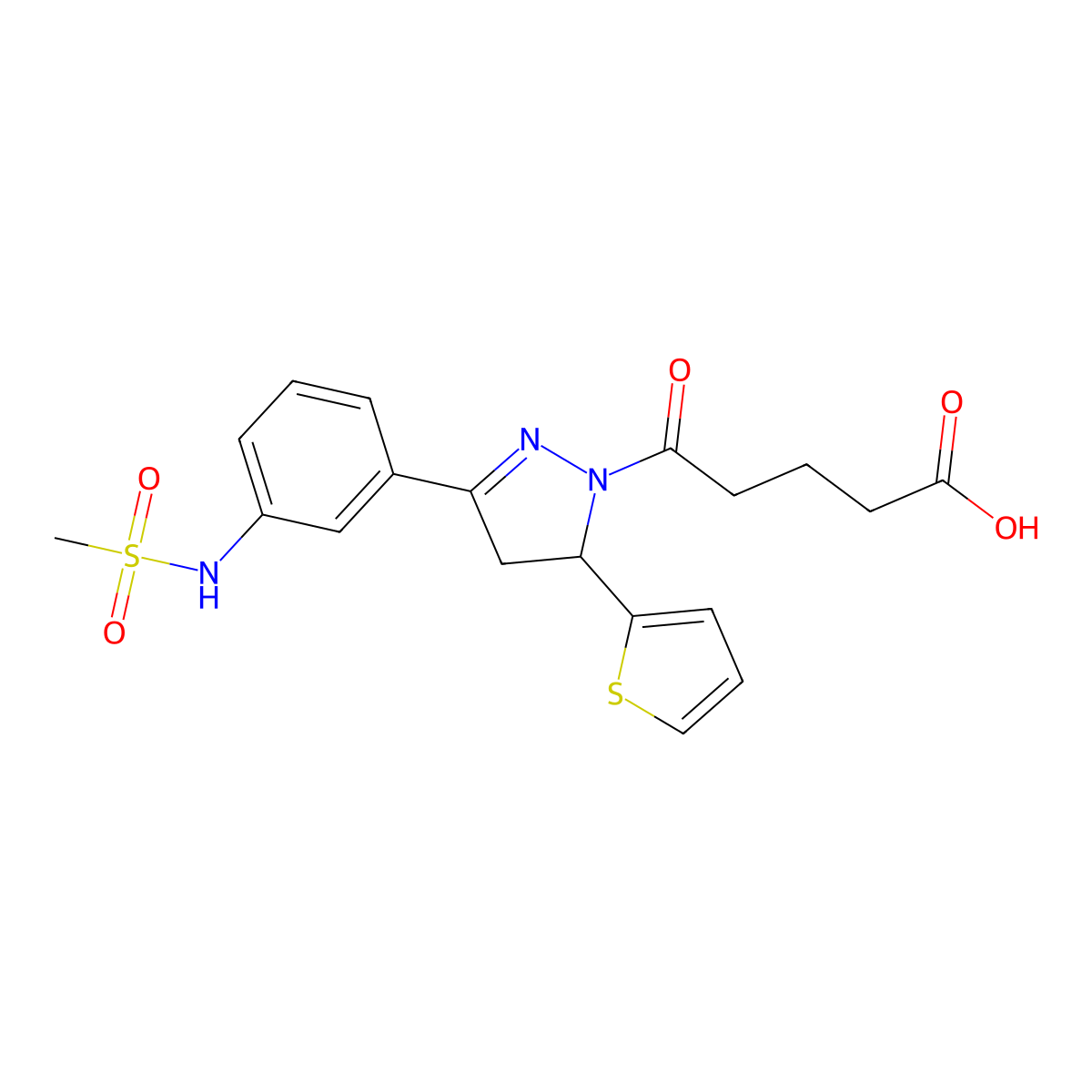 5-[5-[3-(Methanesulfonamido)phenyl]-3-thiophen-2-yl-3,4-dihydropyrazol-2-yl]-5-oxopentanoic acid molecular structure, CAS 851780-63-7