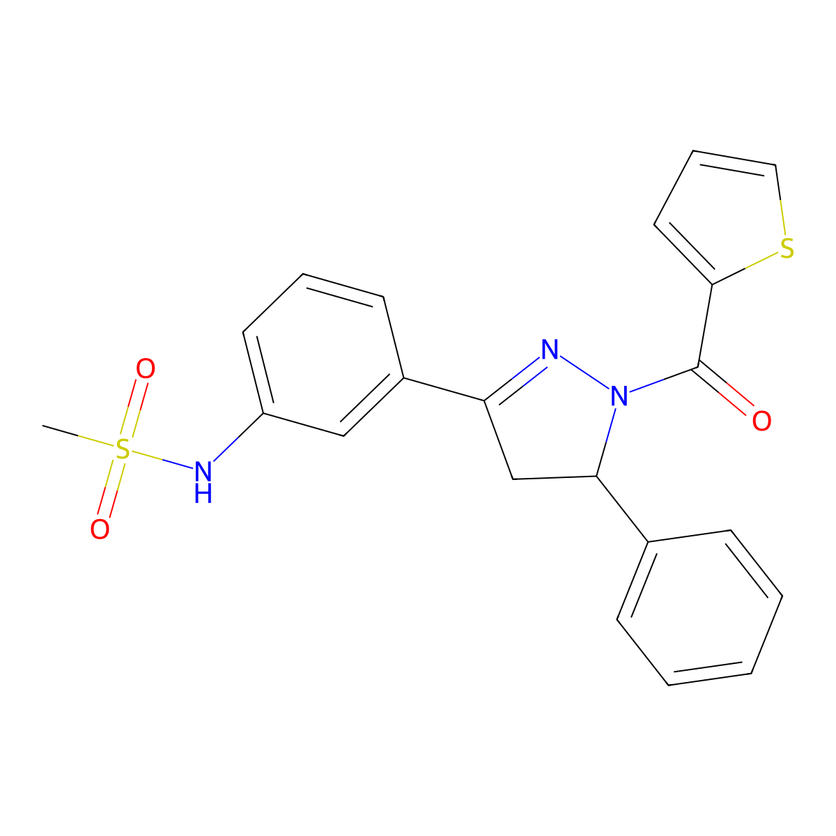N-(3-(5-phenyl-1-(thiophene-2-carbonyl)-4,5-dihydro-1H-pyrazol-3-yl)phenyl)methanesulfonamide molecular structure, CAS 851780-64-8