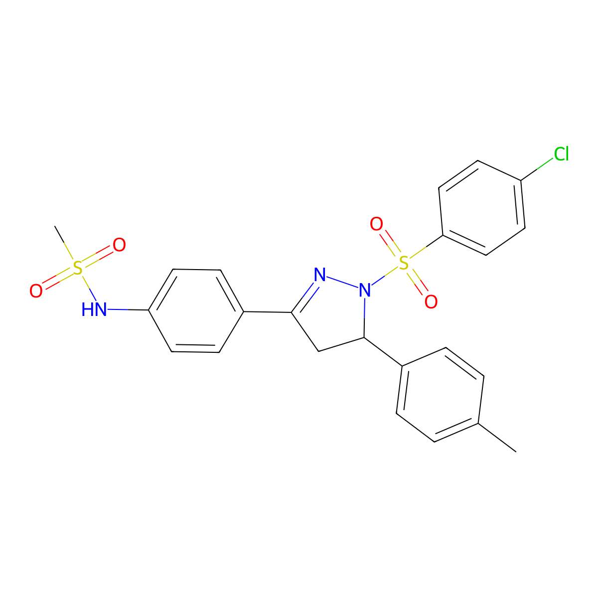 N-[4-[2-(4-chlorophenyl)sulfonyl-3-(4-methylphenyl)-3,4-dihydropyrazol-5-yl]phenyl]methanesulfonamide molecular structure, CAS 851780-73-9