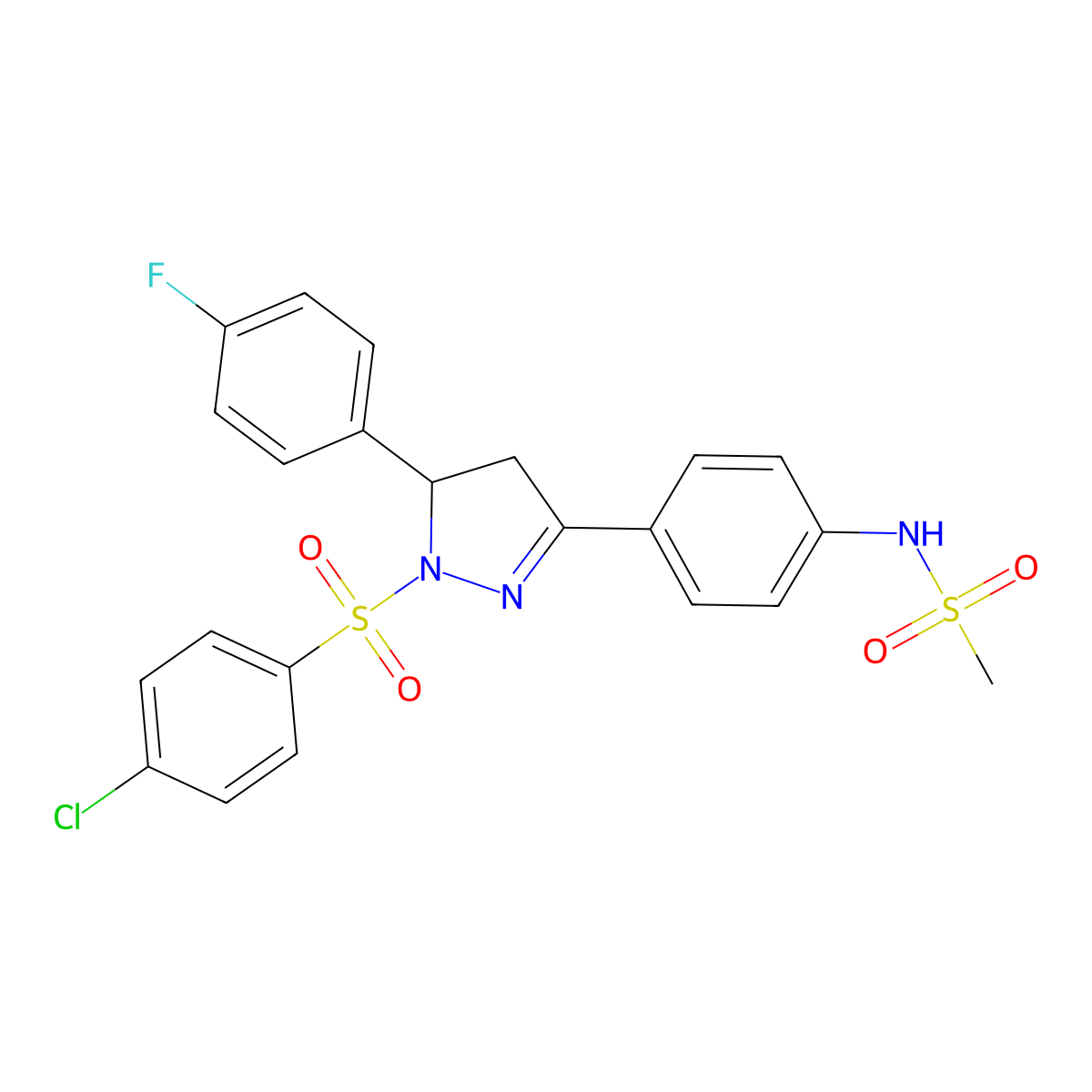 N-[4-[2-(4-chlorophenyl)sulfonyl-3-(4-fluorophenyl)-3,4-dihydropyrazol-5-yl]phenyl]methanesulfonamide molecular structure, CAS 851780-80-8