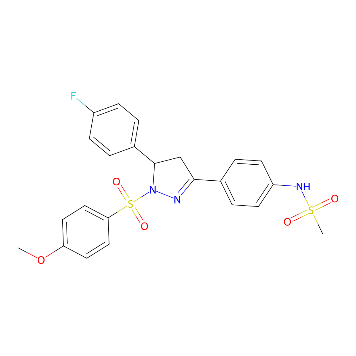 N-(4-(5-(4-fluorophenyl)-1-((4-methoxyphenyl)sulfonyl)-4,5-dihydro-1H-pyrazol-3-yl)phenyl)methanesulfonamide molecular structure, CAS 851780-85-3