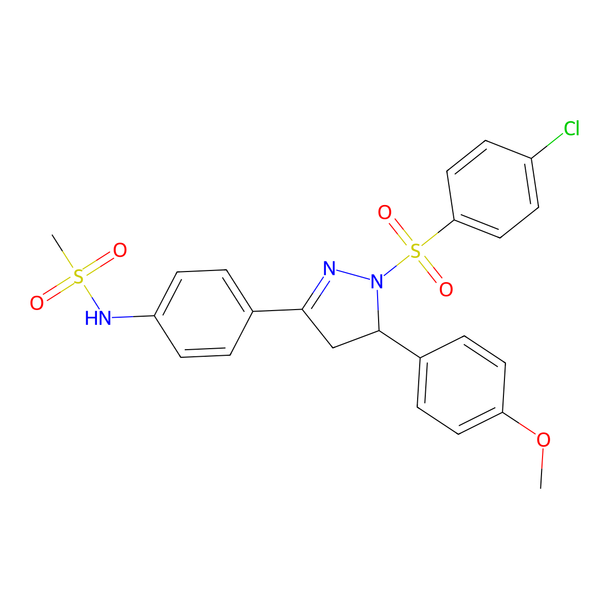 N-[4-[2-(4-chlorophenyl)sulfonyl-3-(4-methoxyphenyl)-3,4-dihydropyrazol-5-yl]phenyl]methanesulfonamide molecular structure, CAS 851780-87-5