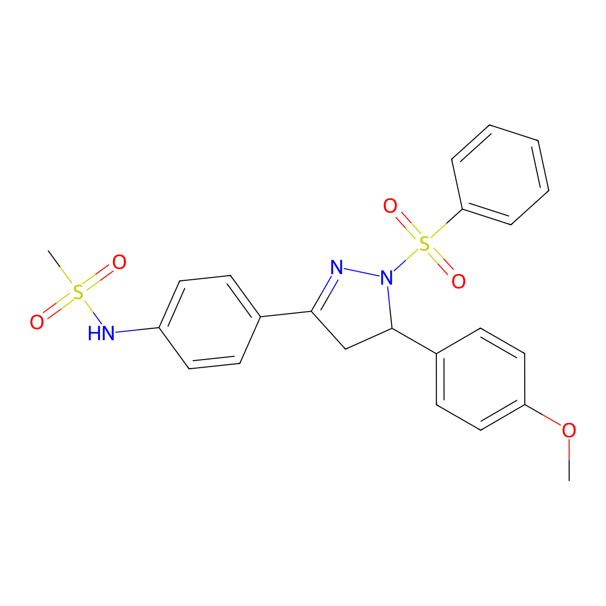 N-[4-[2-(benzenesulfonyl)-3-(4-methoxyphenyl)-3,4-dihydropyrazol-5-yl]phenyl]methanesulfonamide molecular structure, CAS 851780-89-7