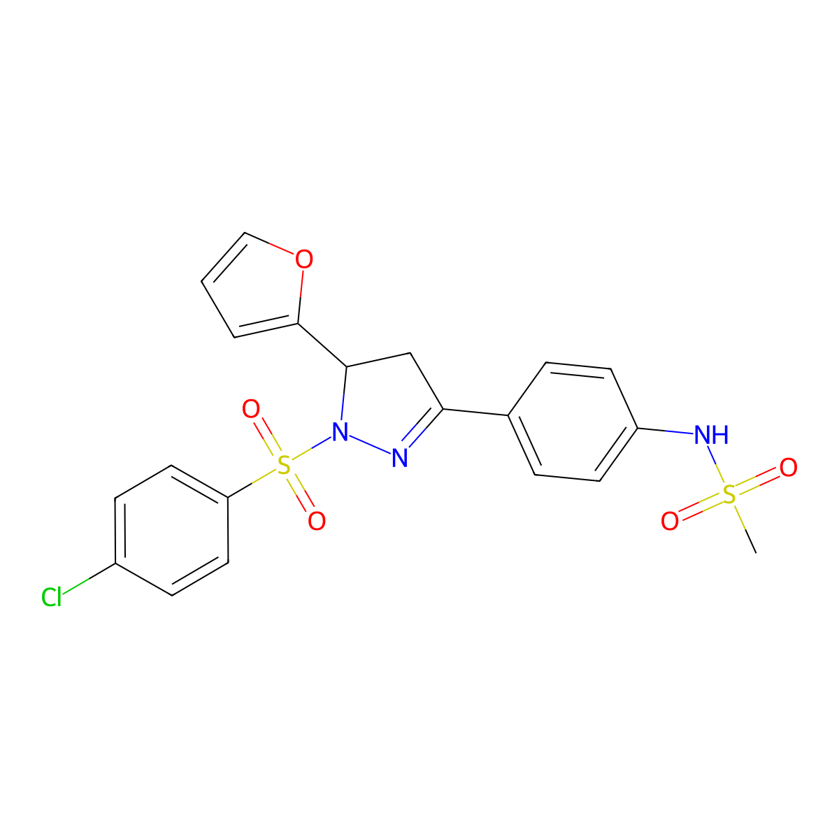 N-(4-(1-((4-chlorophenyl)sulfonyl)-5-(furan-2-yl)-4,5-dihydro-1H-pyrazol-3-yl)phenyl)methanesulfonamide molecular structure, CAS 851780-93-3