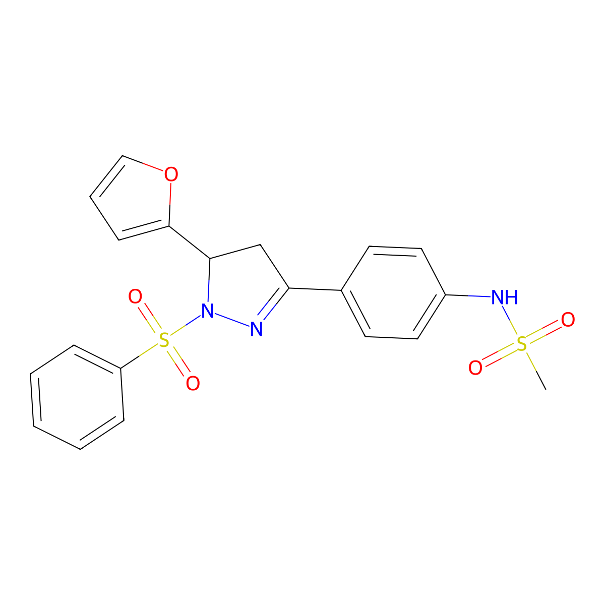 N-(4-(5-(furan-2-yl)-1-(phenylsulfonyl)-4,5-dihydro-1H-pyrazol-3-yl)phenyl)methanesulfonamide molecular structure, CAS 851780-96-6