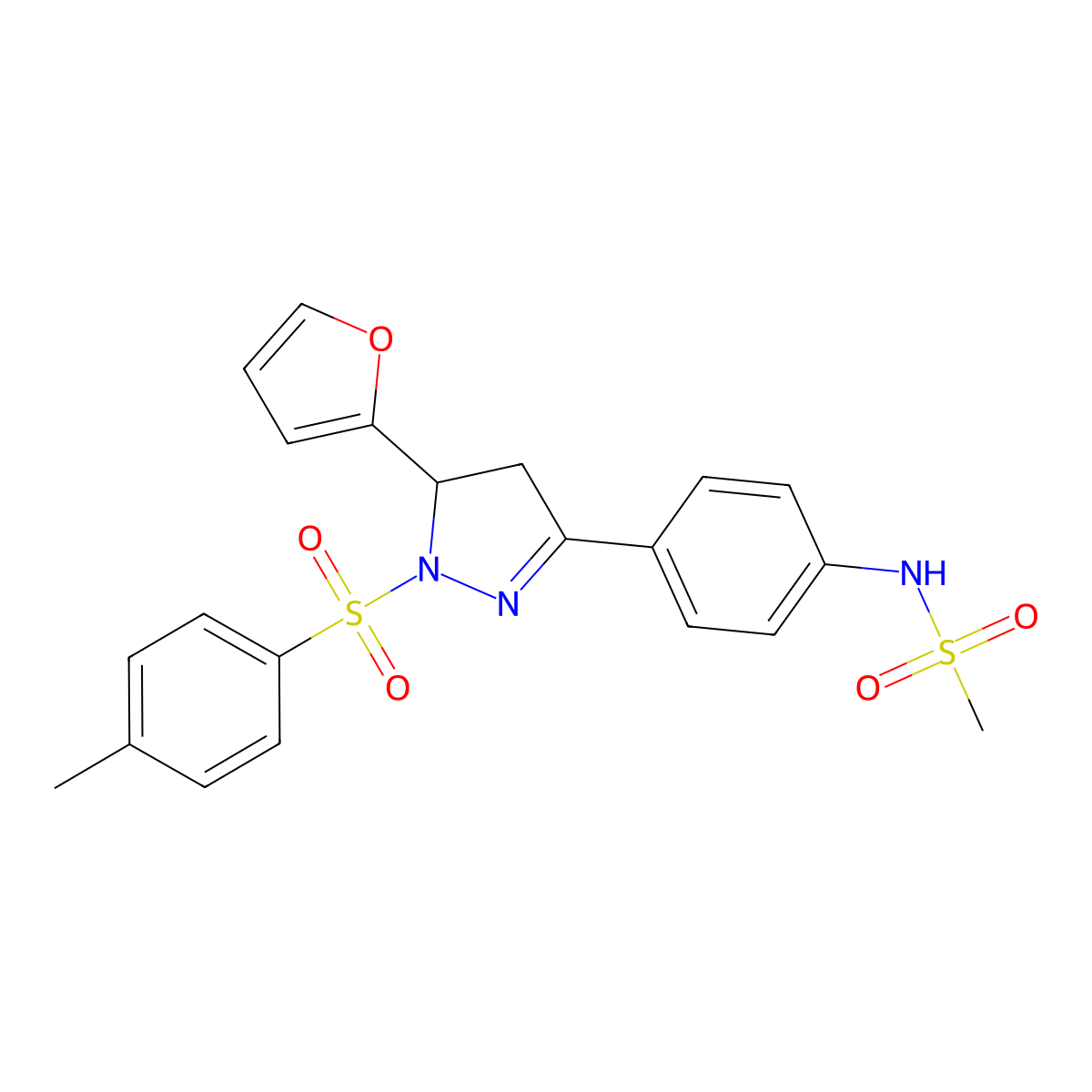 N-(4-(5-(furan-2-yl)-1-tosyl-4,5-dihydro-1H-pyrazol-3-yl)phenyl)methanesulfonamide molecular structure, CAS 851780-97-7