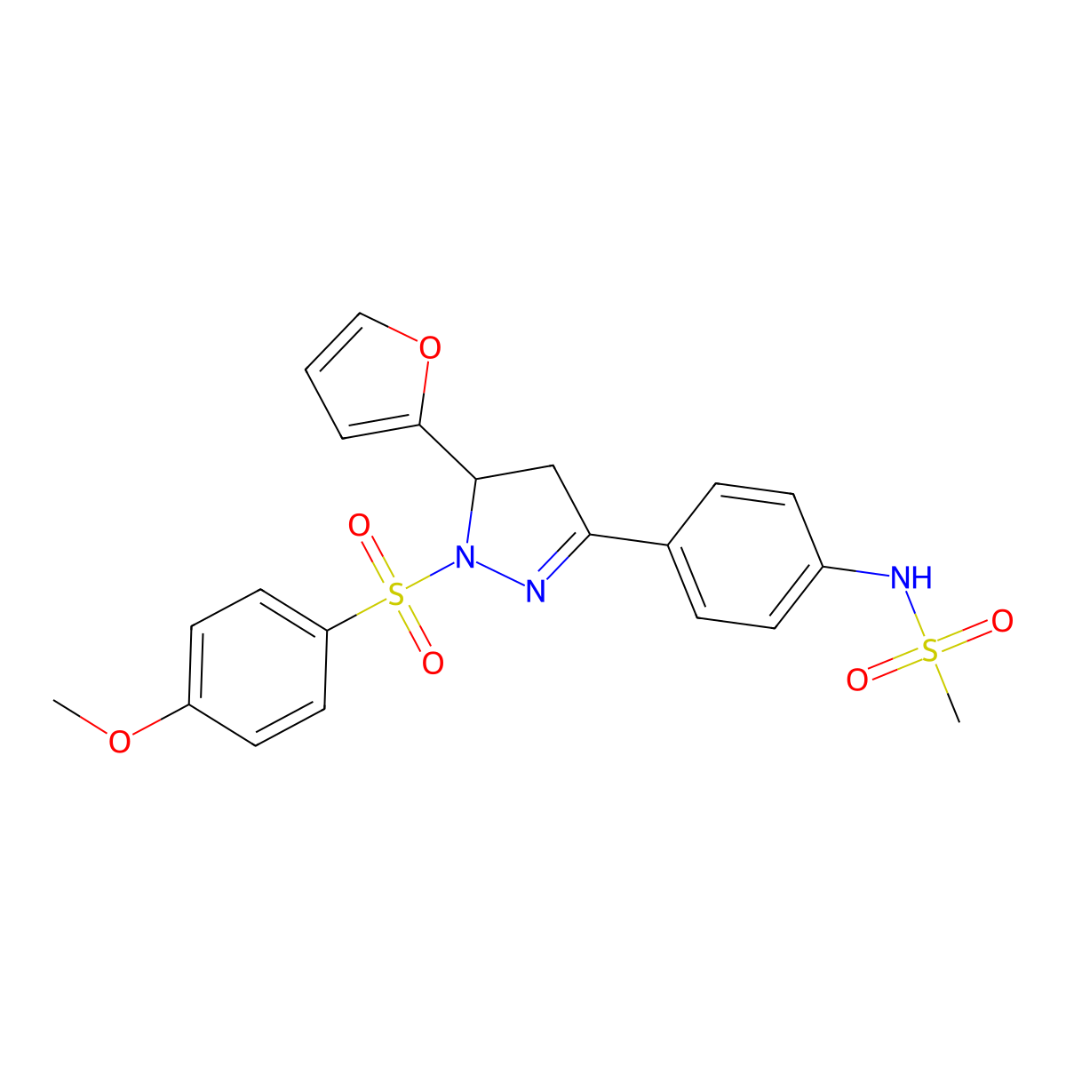 N-(4-(5-(furan-2-yl)-1-((4-methoxyphenyl)sulfonyl)-4,5-dihydro-1H-pyrazol-3-yl)phenyl)methanesulfonamide molecular structure, CAS 851780-98-8
